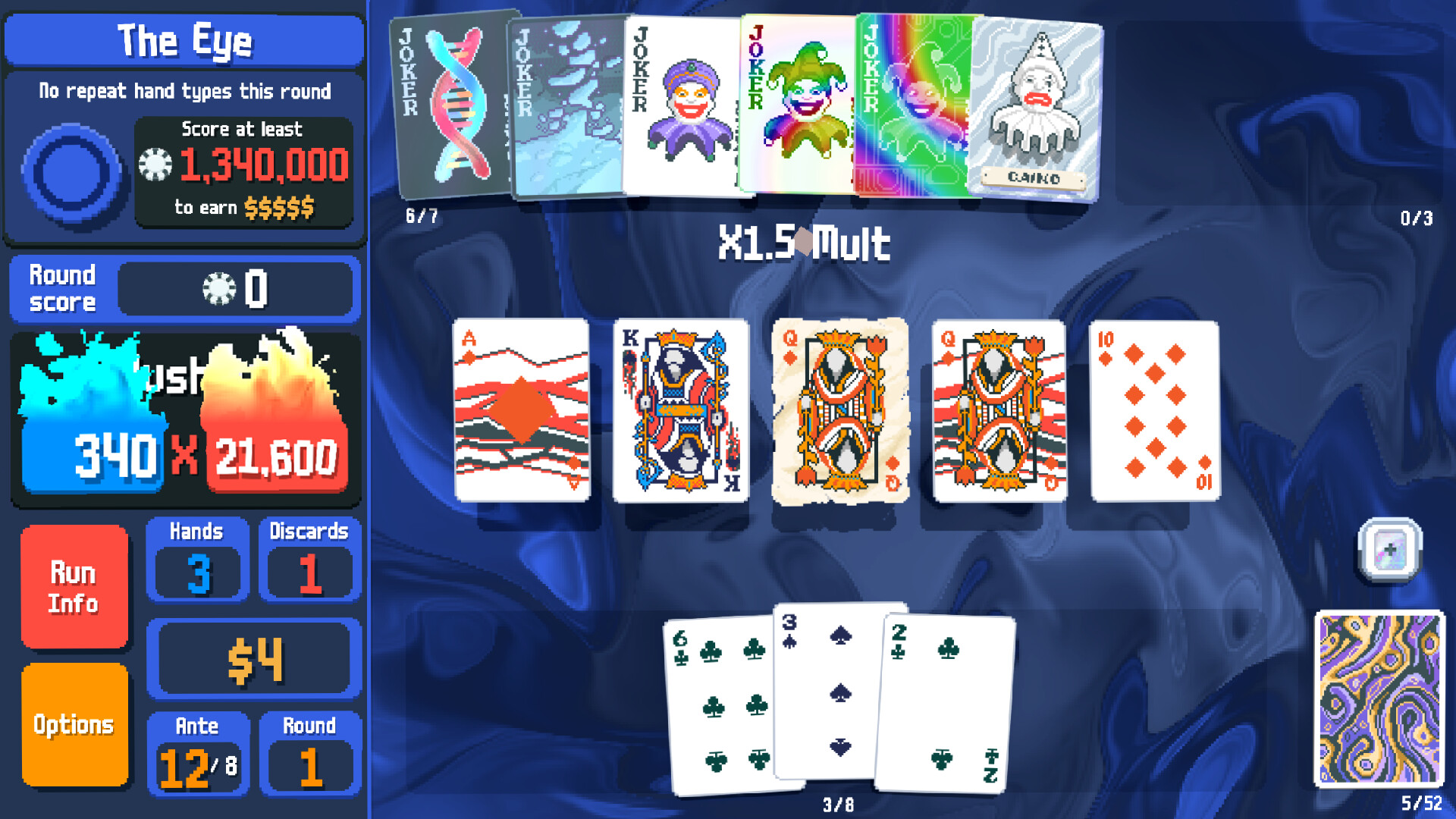 A screenshot from the game Balatro: rows of playing cards on a blue background