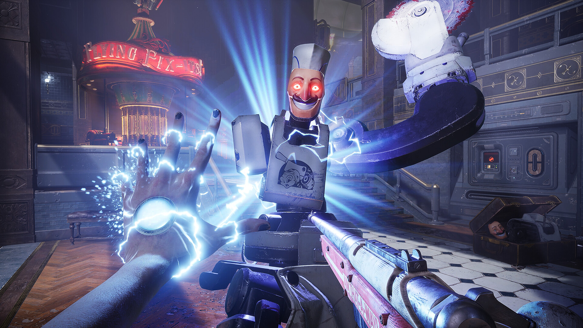 A screenshot from the video game Judas: a robot with glowing red eyes, being attached by a player with blue electricity coming from their left hand and a shotgun in their right hand
