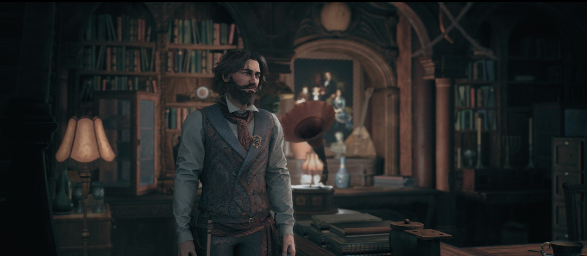 A screenshot from "The Thaumaturge:" a bearded man stands in a Victorian office in front of a painting of a family