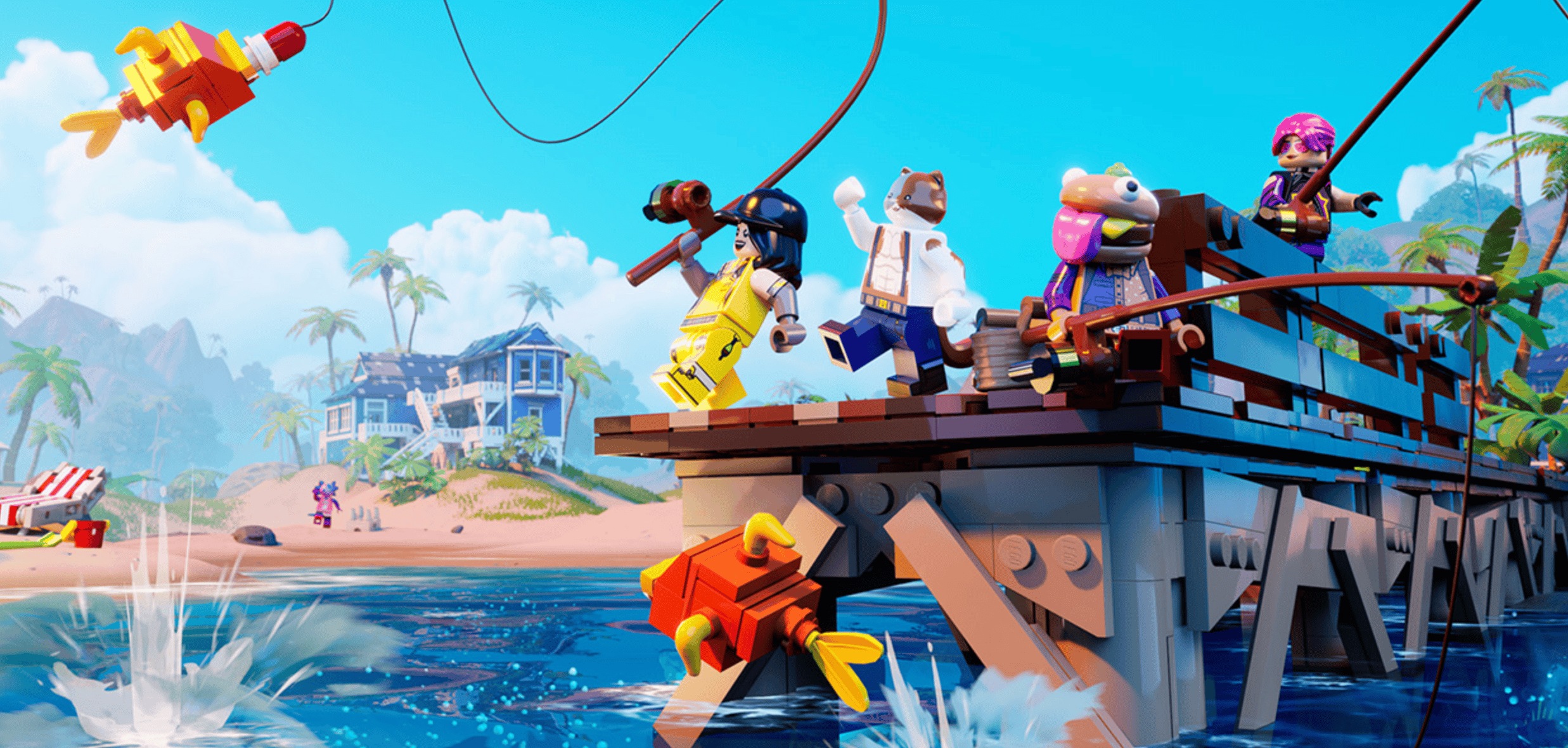 Some Fortnite Lego characters fishing off a pier