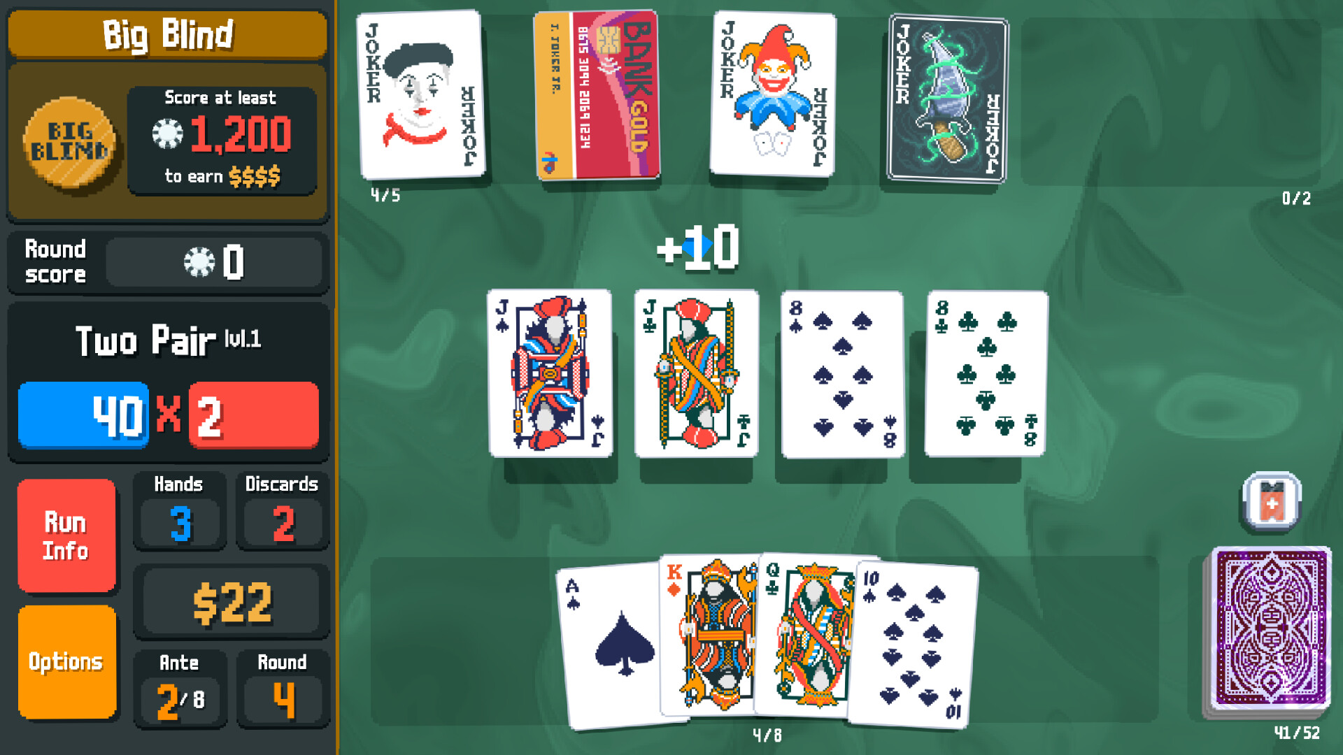 A screenshot from the video game "Balatro:" playing cards on a green background