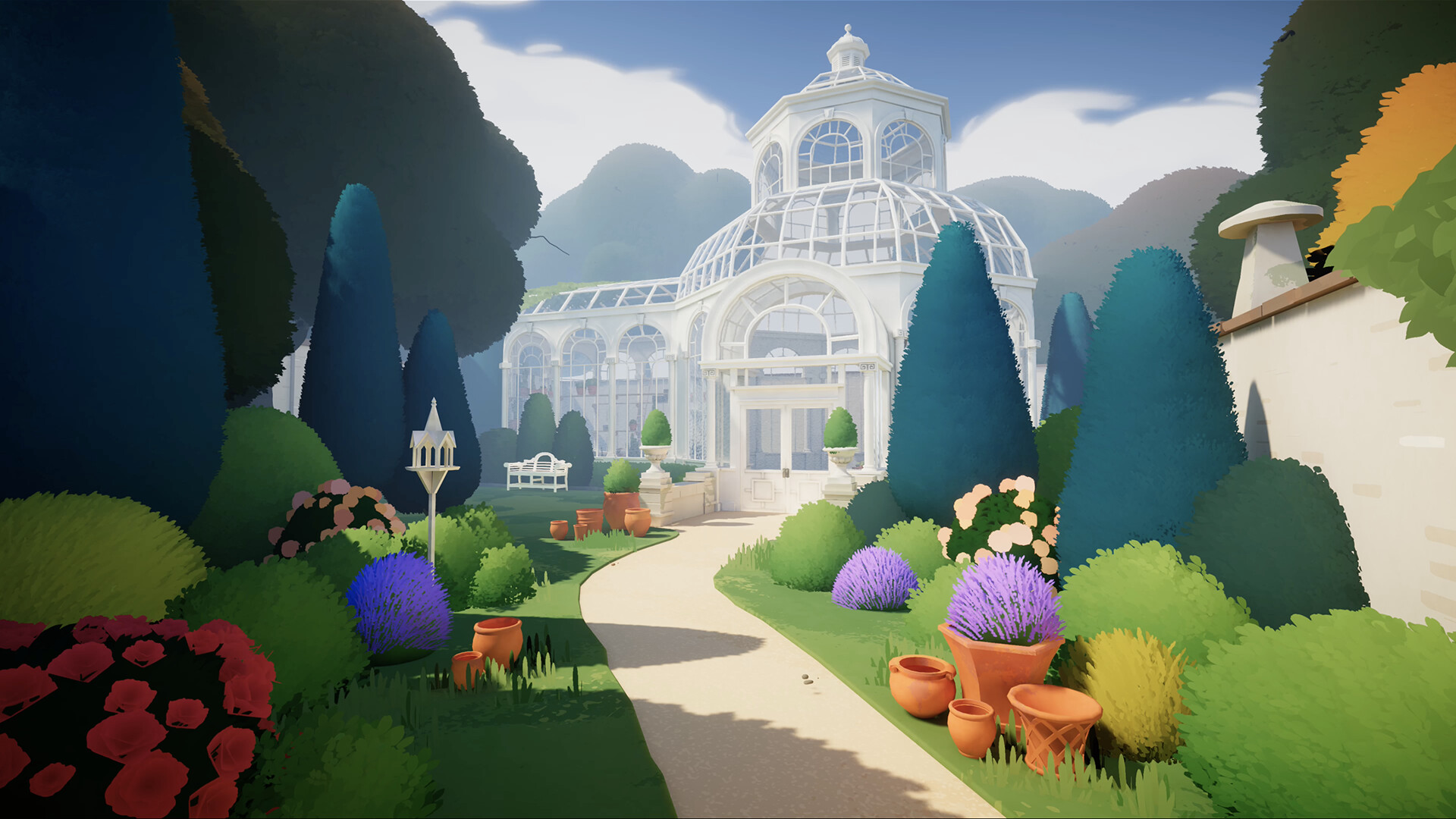 A screenshot from the game "Botany Manor:" a white greenhouse with glass walls at the end of a path lined with trees