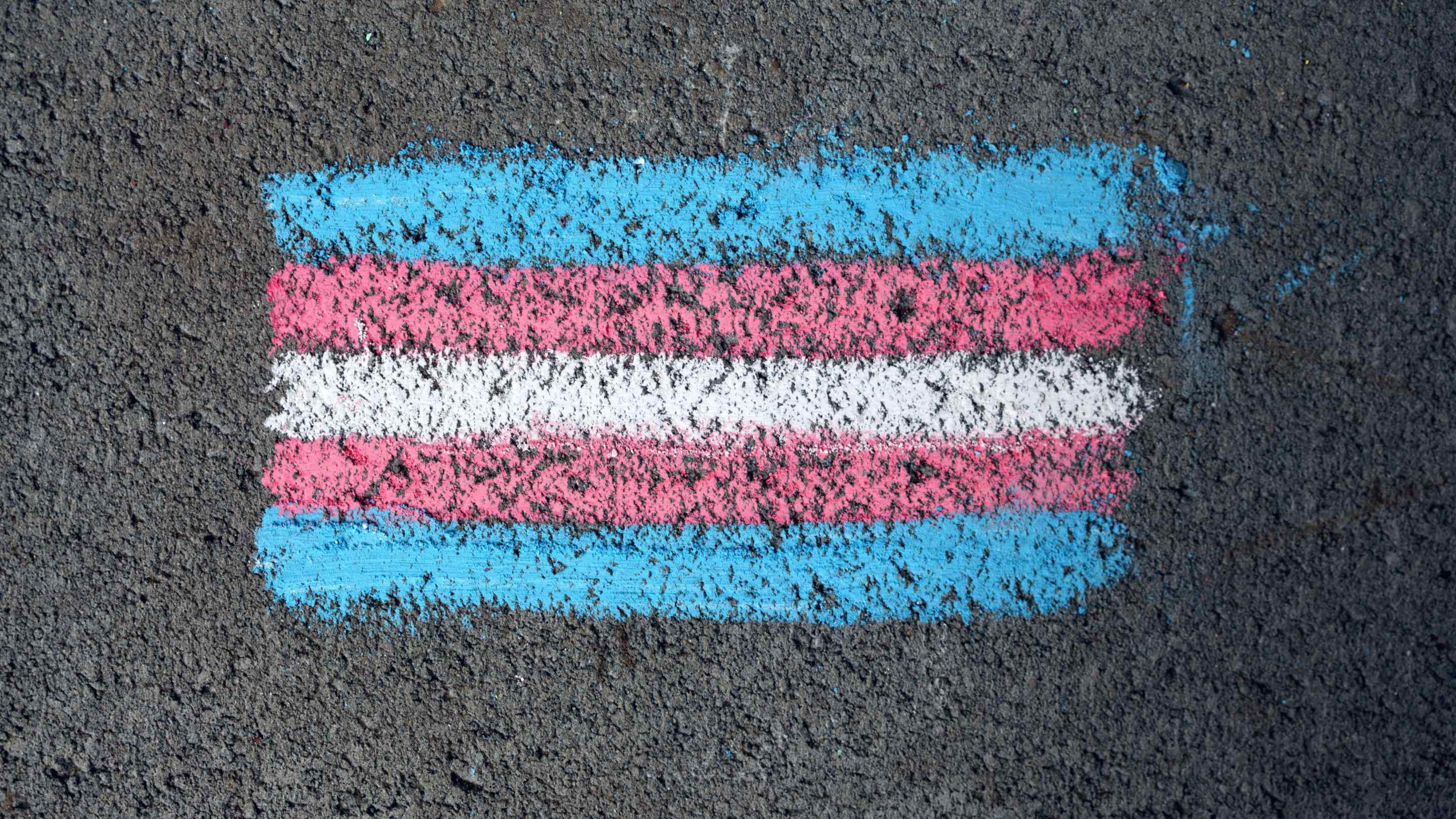 A trans flag, made of blue, pink, and white stripes, in chalk on black pavement