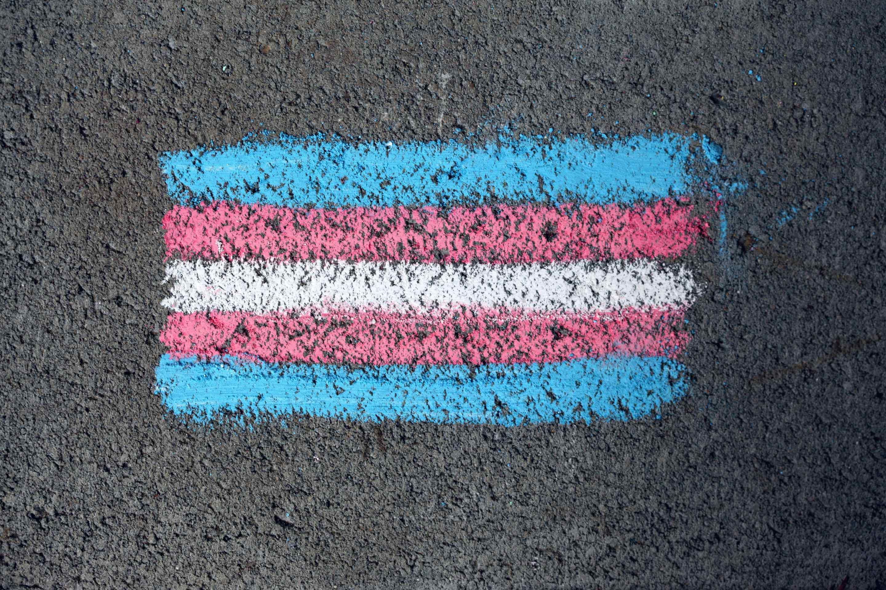 A trans flag, made of blue, pink, and white stripes, in chalk on black pavement