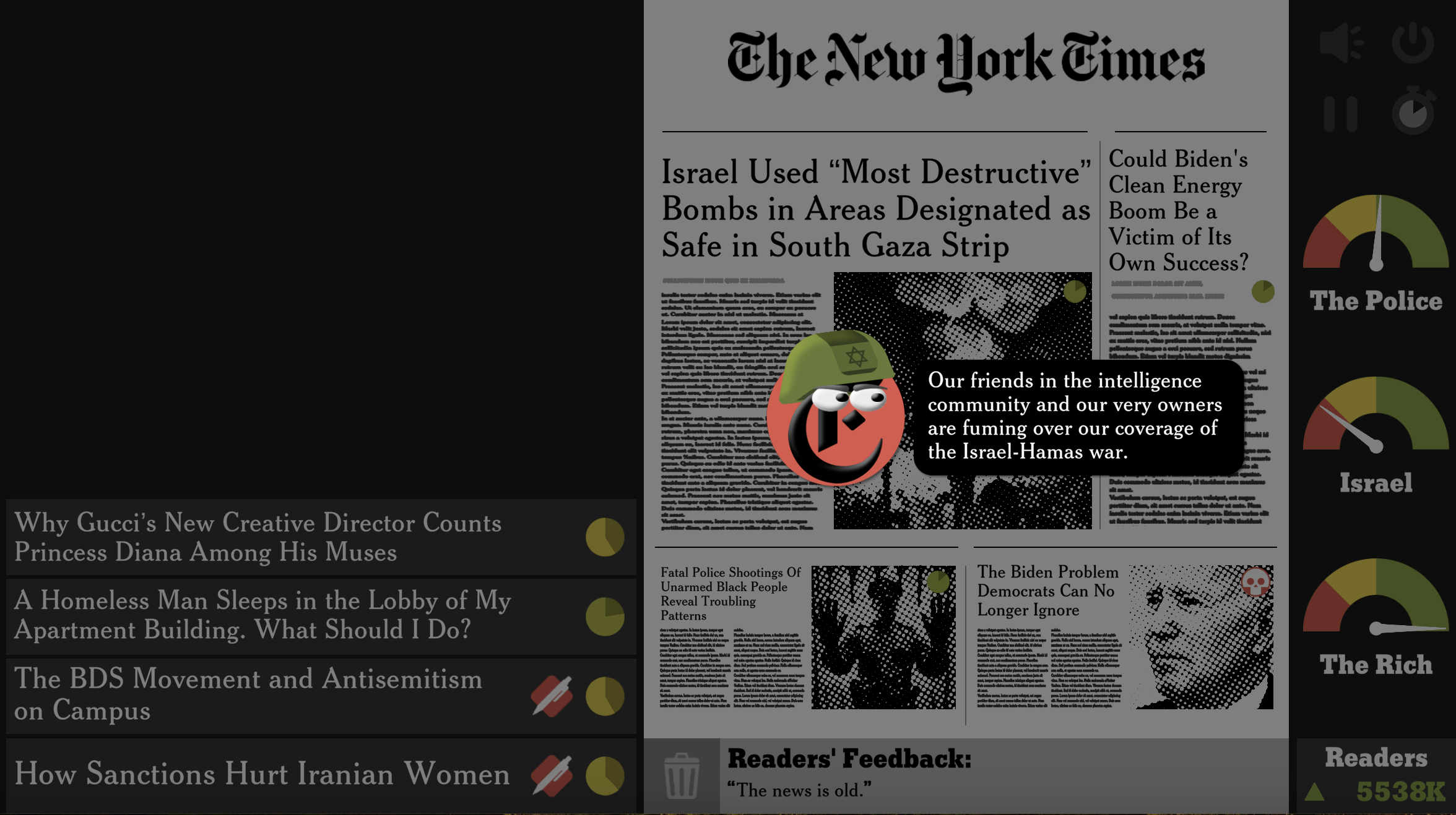 A screenshot from the game "The New York Times Simulator:" a mock newspaper homepage with various headline possibilities to the left. In front, a version of Clippy in a green helmet says "Our friends in the intelligence community and our very owners are fuming over our coverage of the Israel-Hamas war."
