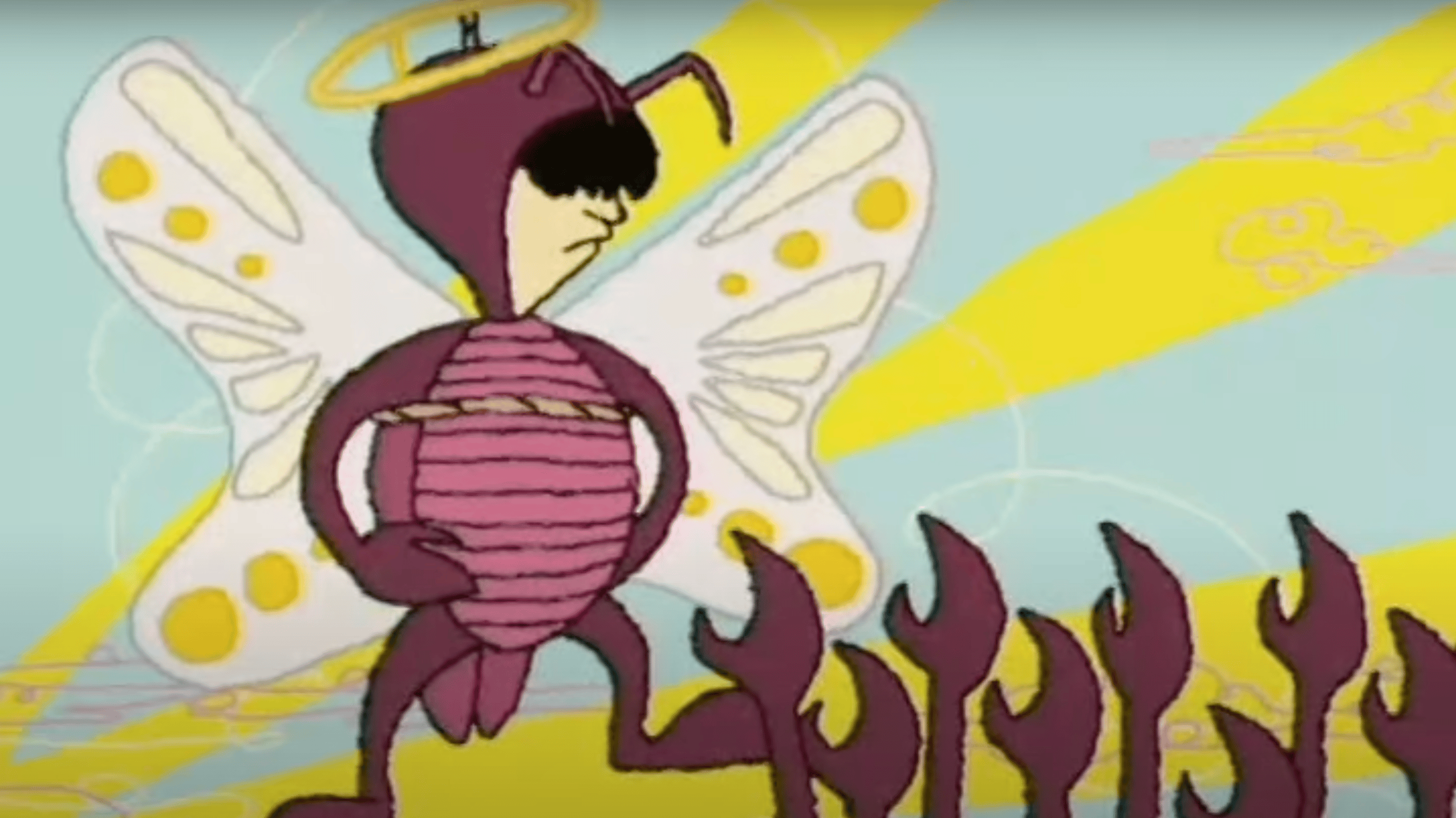 A scene from "Home Movies:" character Dwayne dressed as a bug, with a halo and wings, while bug claws reach up to praise him