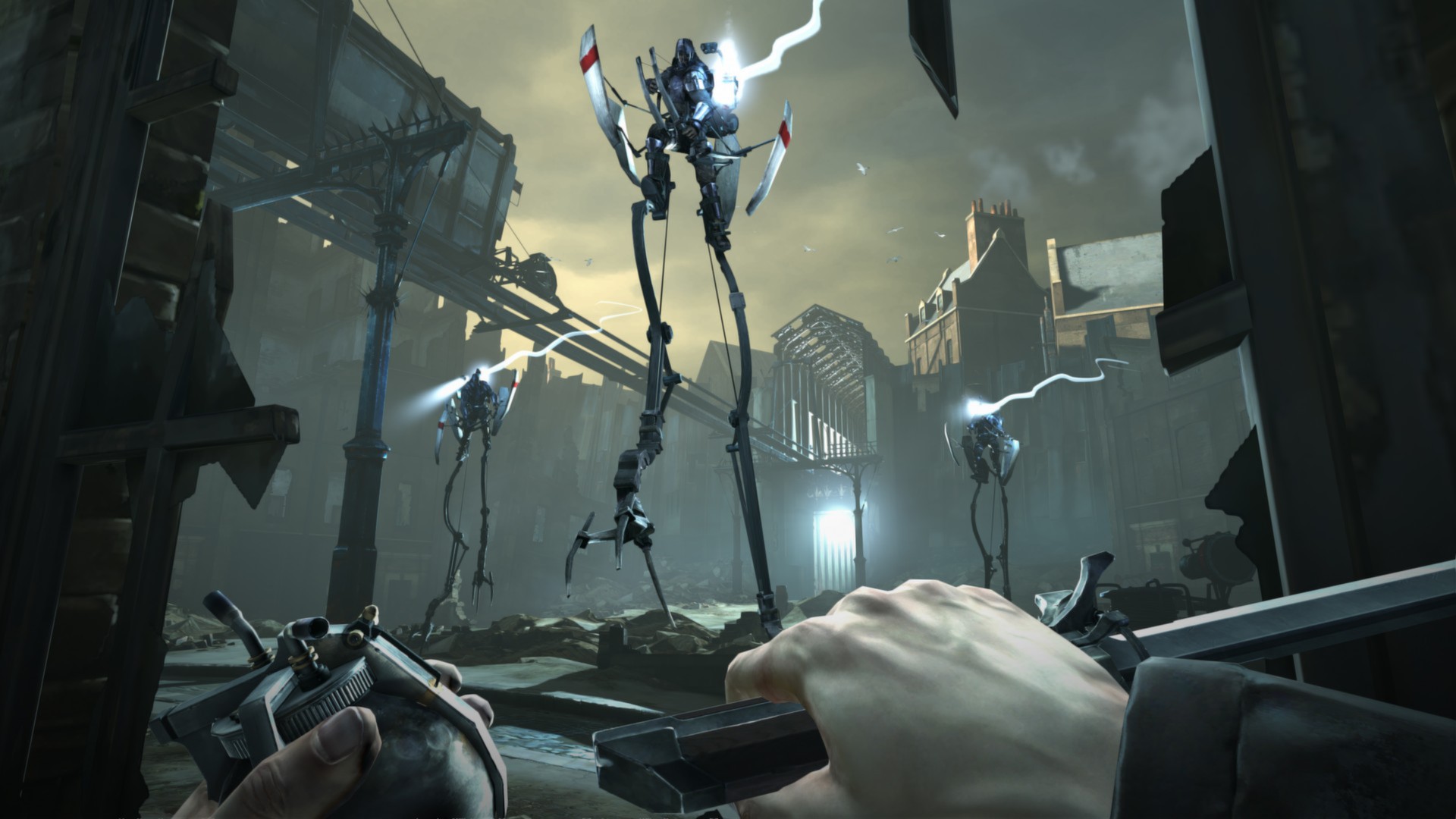 A screenshot from the video game Dishonored: some tall metal robots in a ruined city