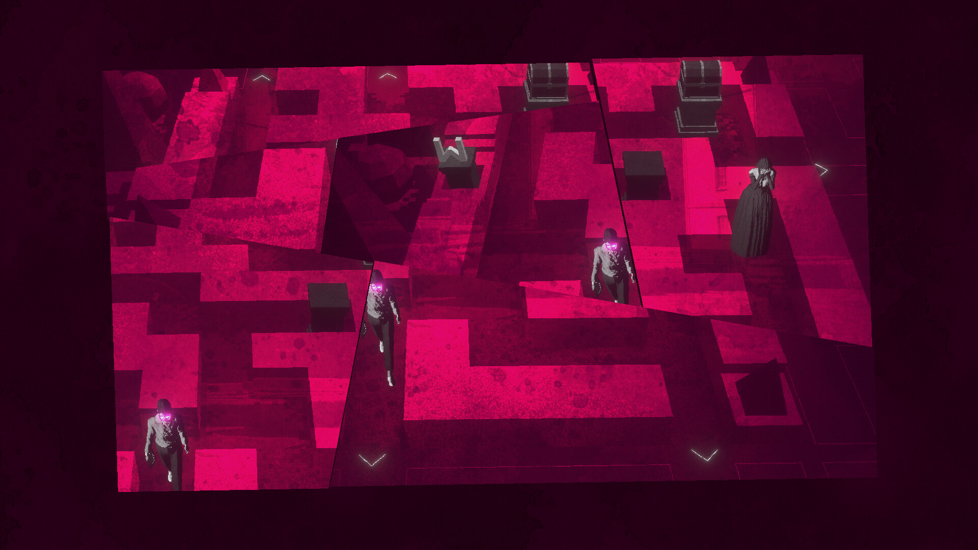 A screenshot from "Lorelei and the Laser Eyes:" a woman stands in a red maze, which is fractured into different pieces