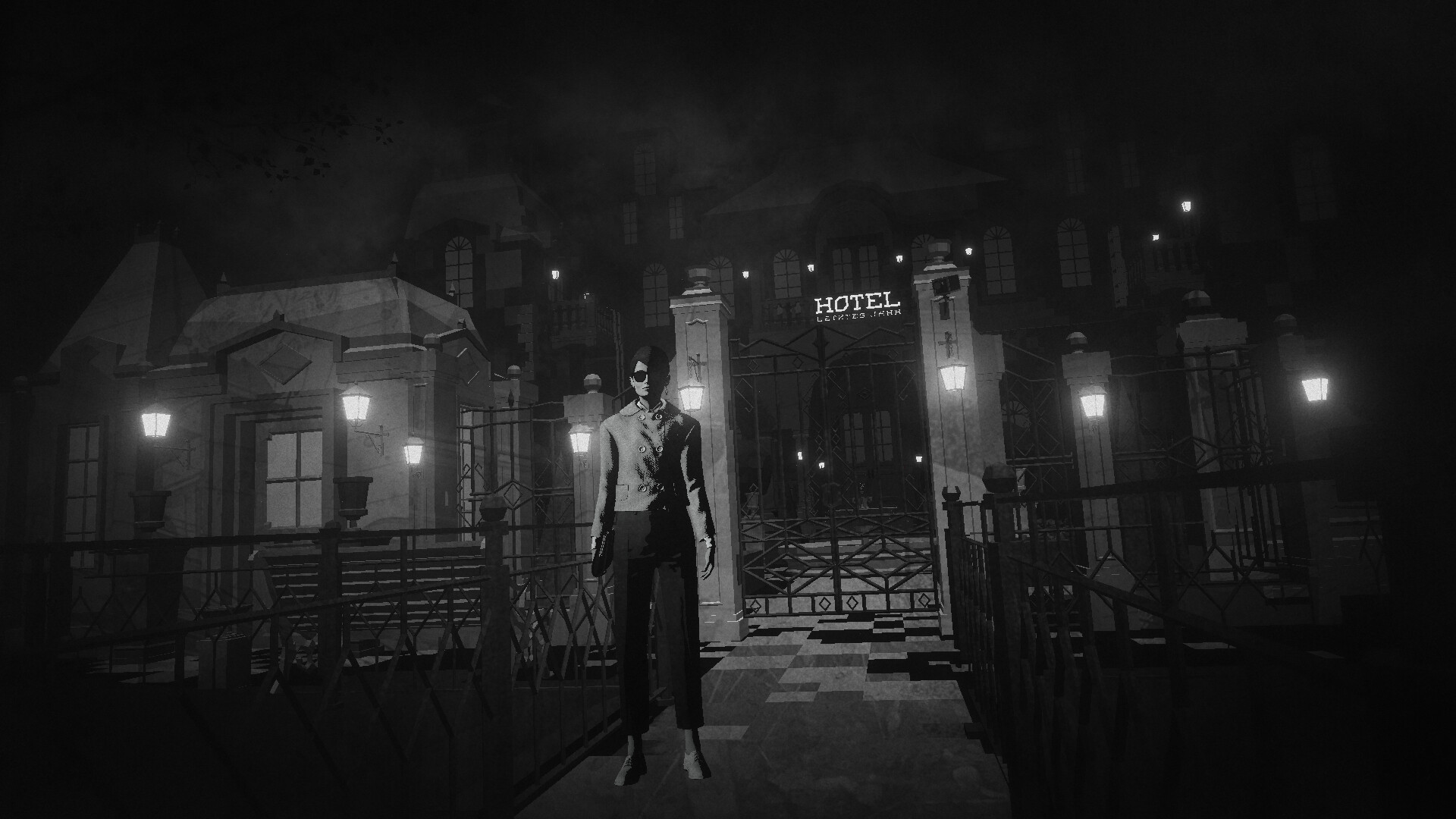 A woman stands before the gates of a hotel