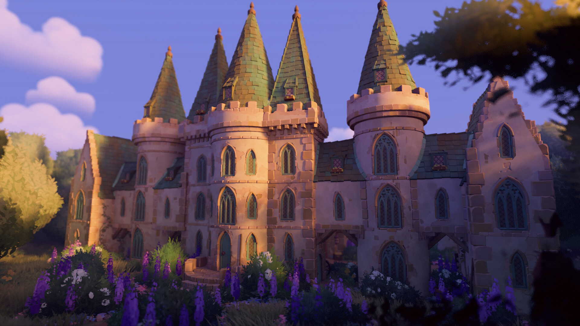 A screenshot from the game "Tiny Glade:" a castle surrounded by purple flowers