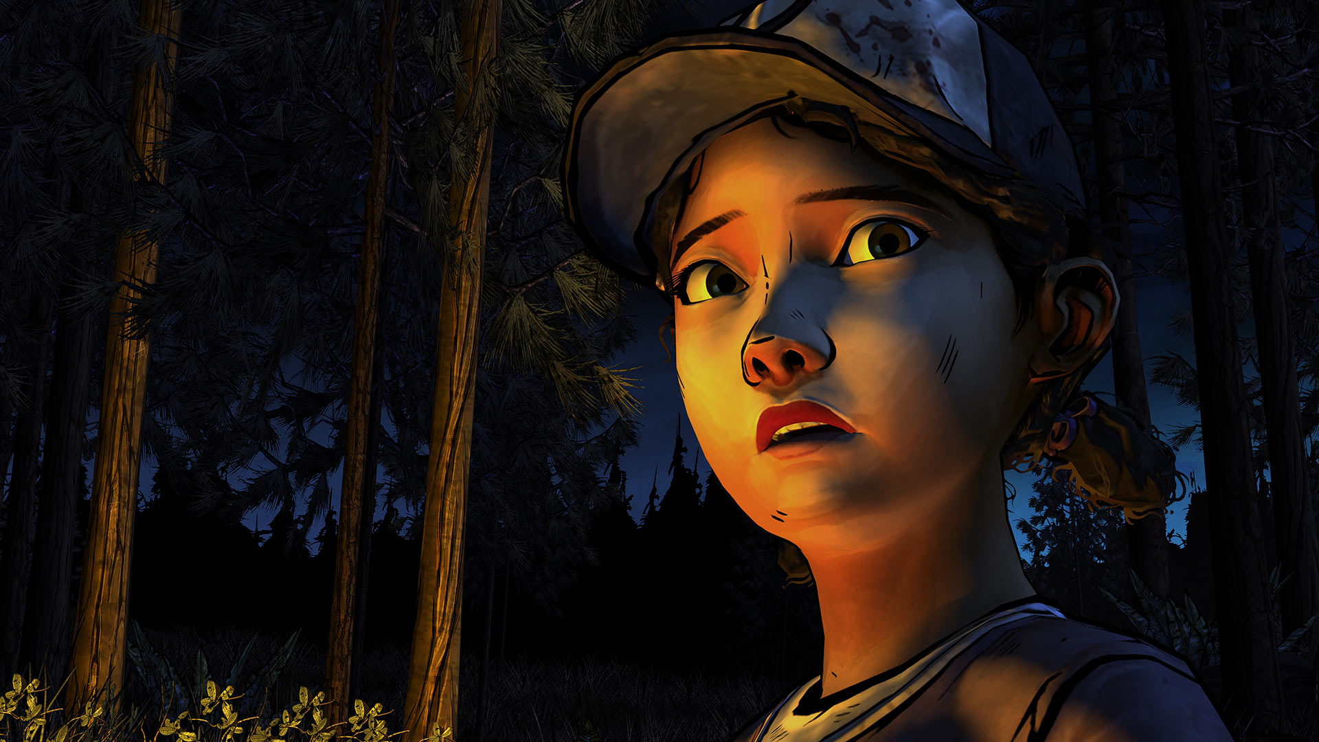Clementine from "The Walking Dead:" a young girl in a baseball hat, looking scared in a dark forest