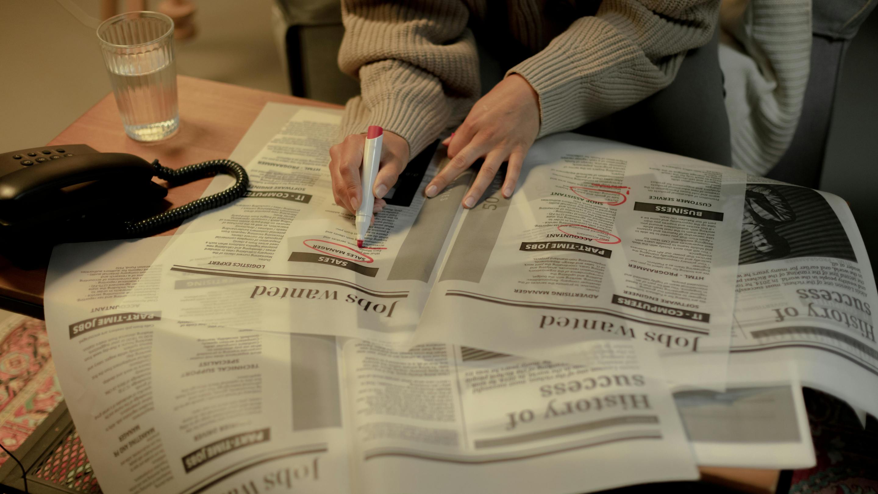 A woman circles job ads in a newspaper