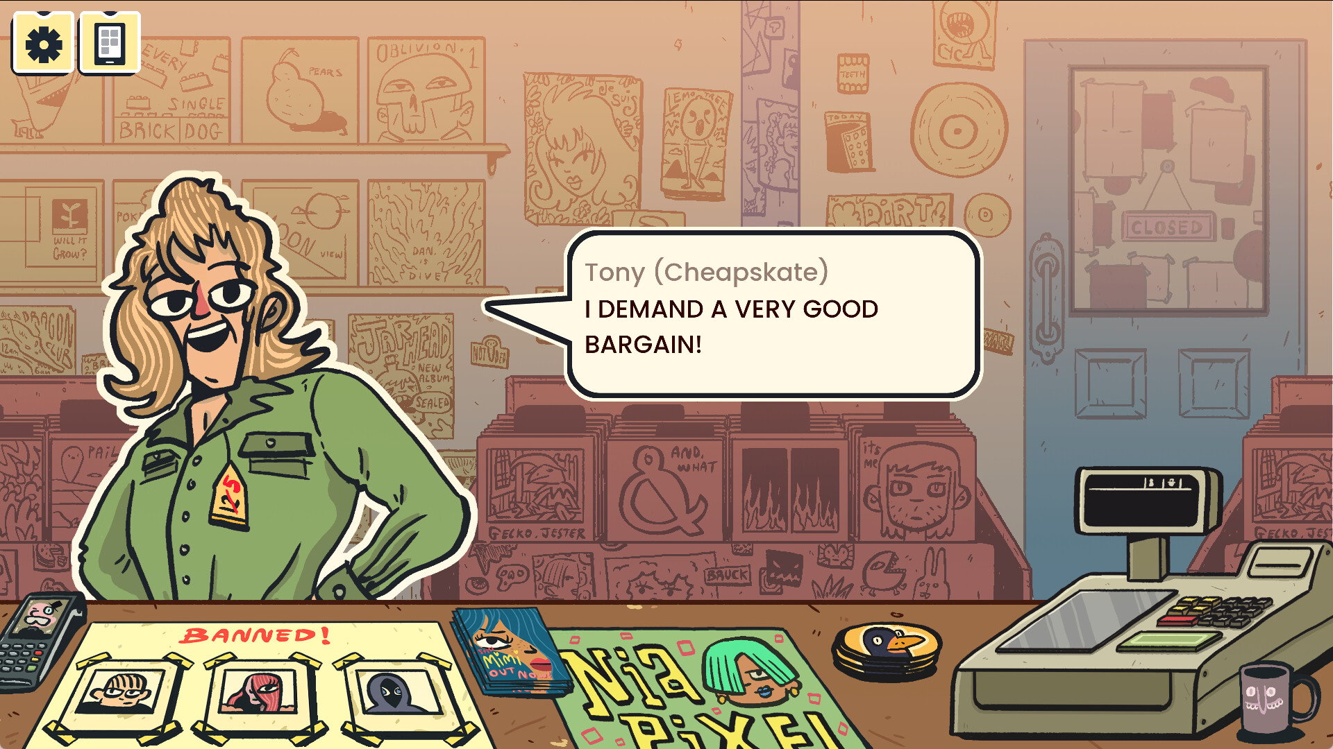 A screenshot from the game "Wax Heads:" a character in a green shirt stands in front of a record store counter, saying "I demand a very good bargain!"