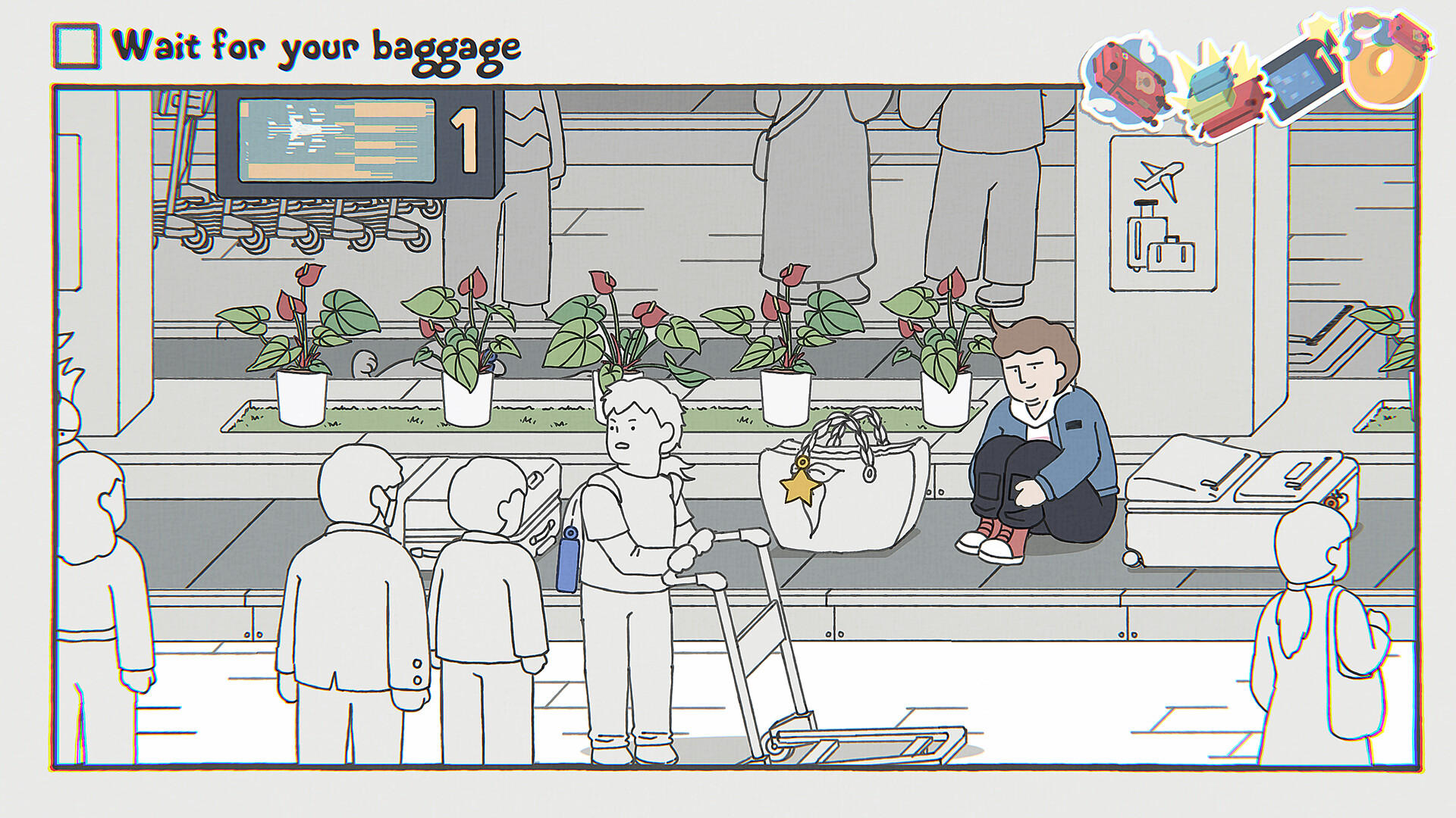 A screenshot from "While Waiting:" a character in a blue jacket smirks while riding the baggage carousel in an airport.