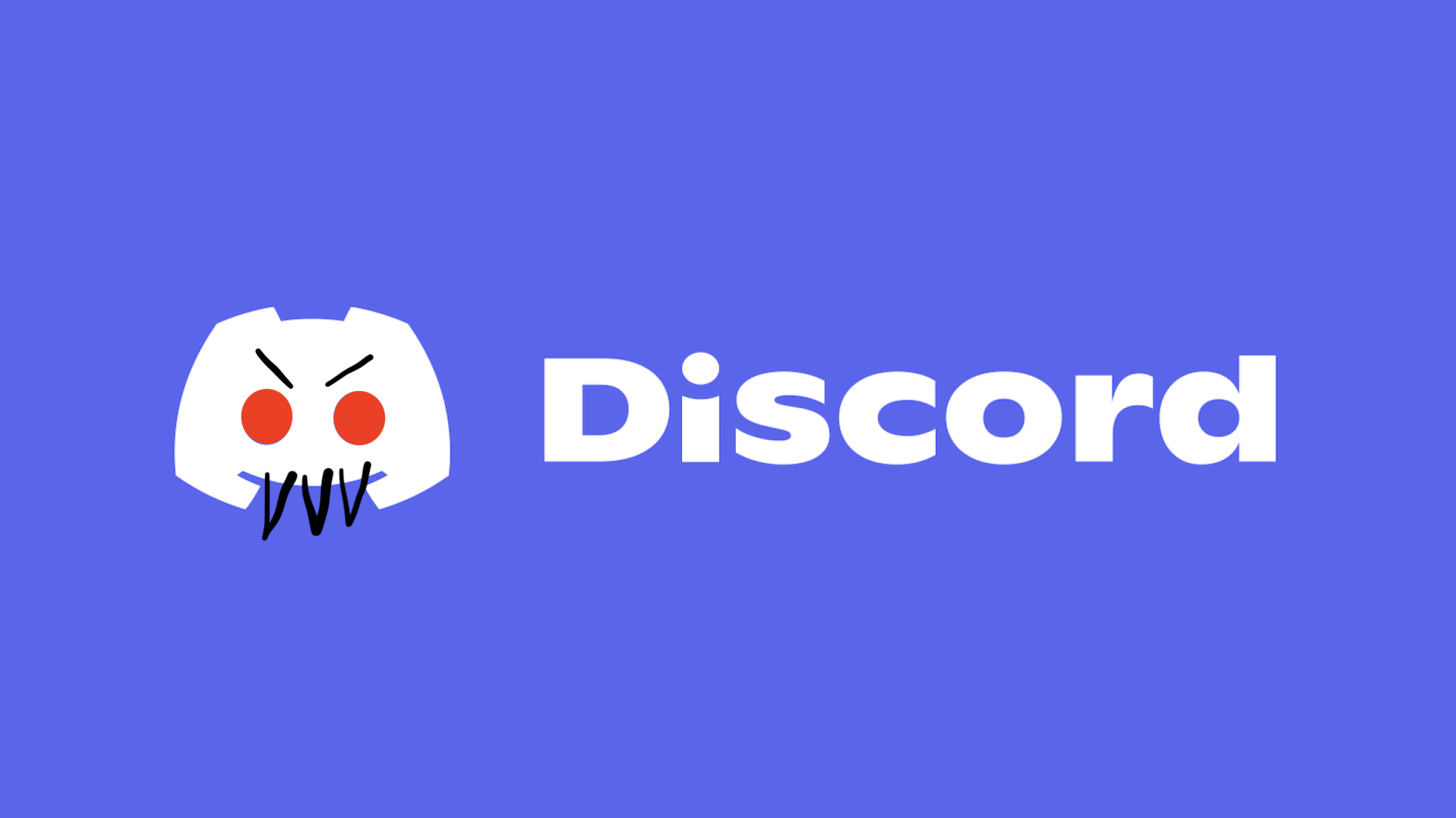 The Discord logo, with red eyes, angry eyebrows, and teeth added to the icon