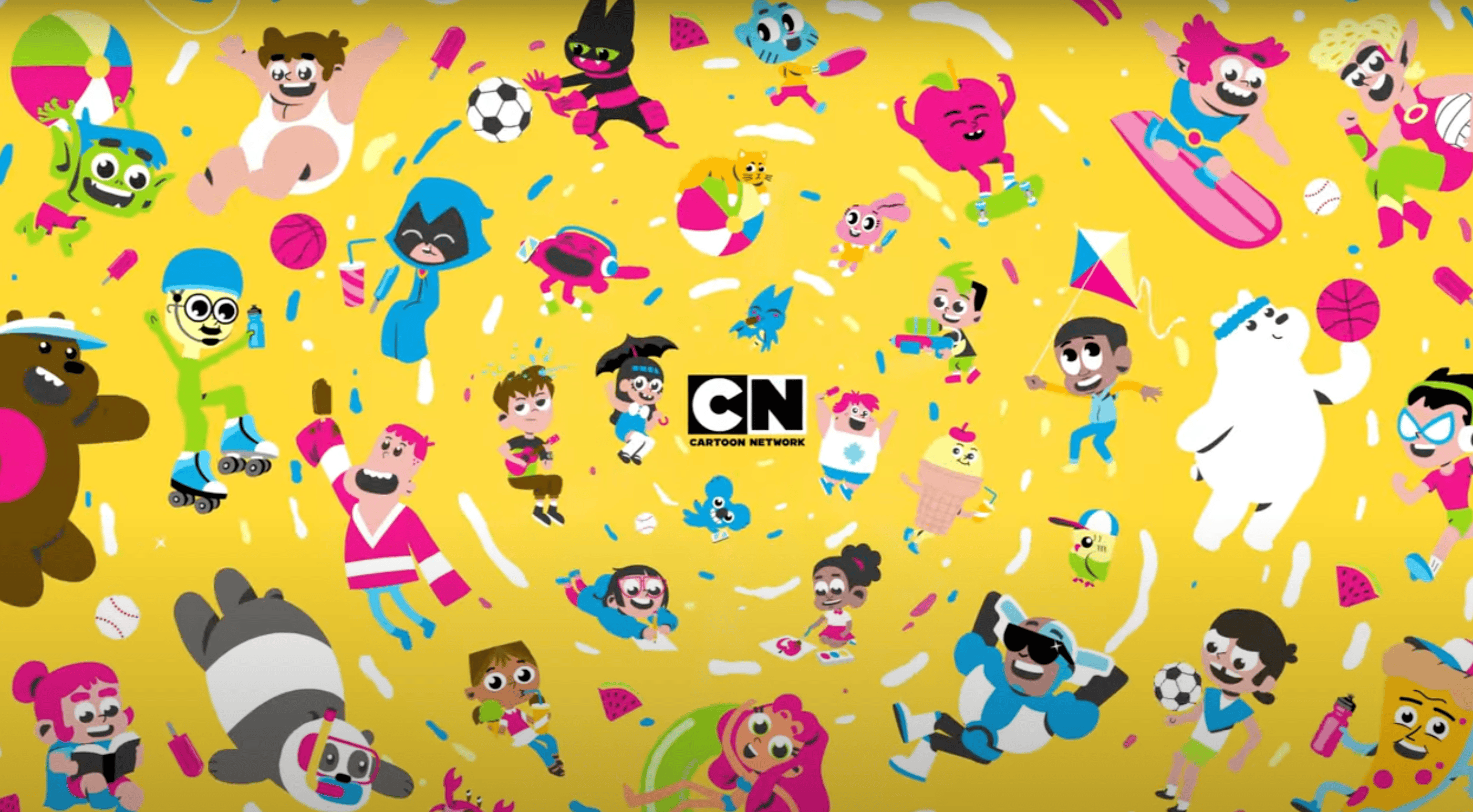 The Cartoon Network logo: the black and white letters CN on a yellow background of colorful characters