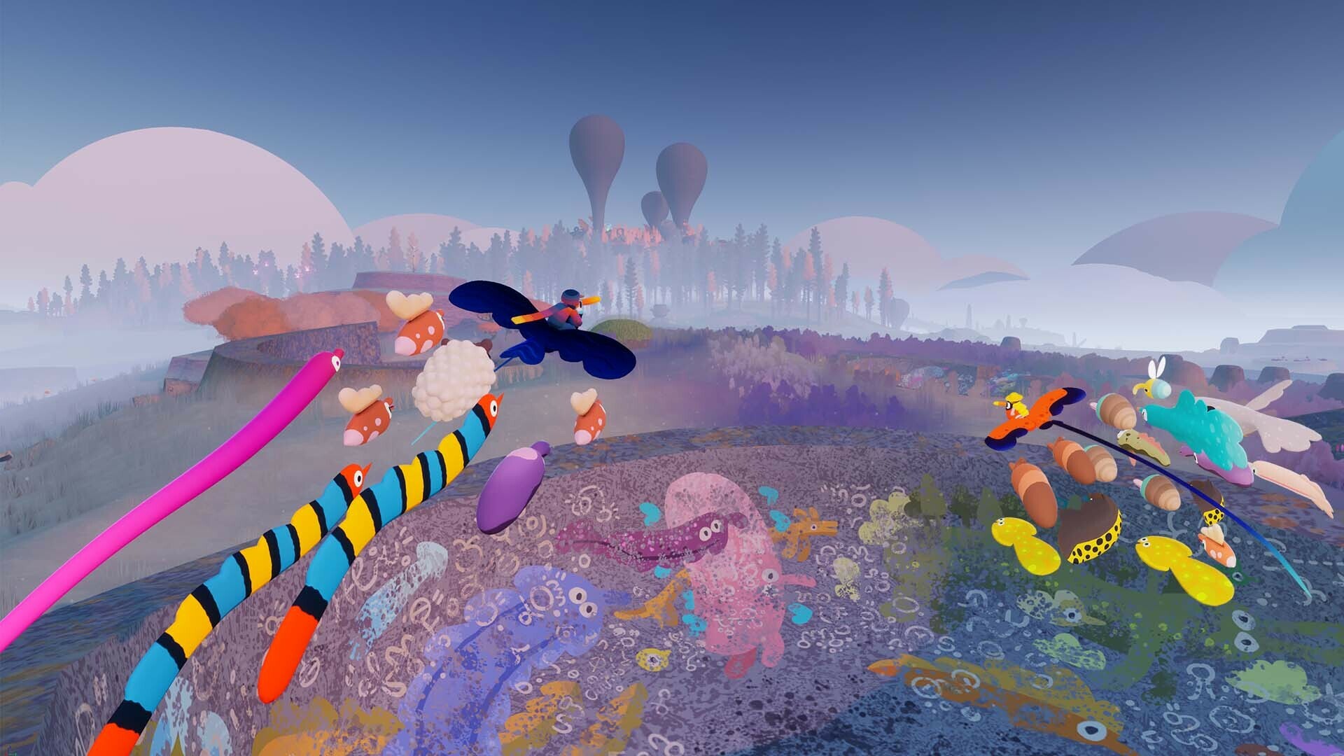 A screenshot from the game "Flock:" colorful animals follow two players riding large birds