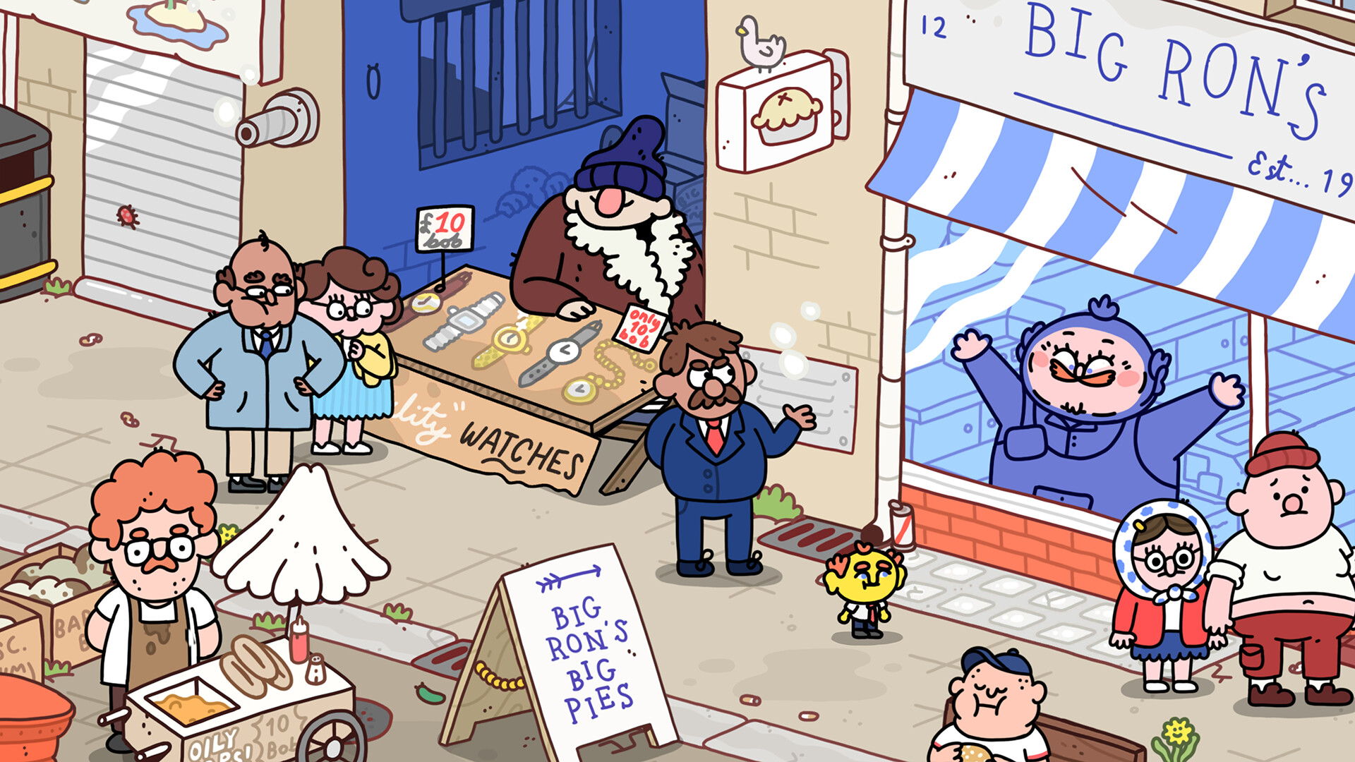 A screenshot from "Thank Goodness You're Here:" a bunch of characters standing in a town square