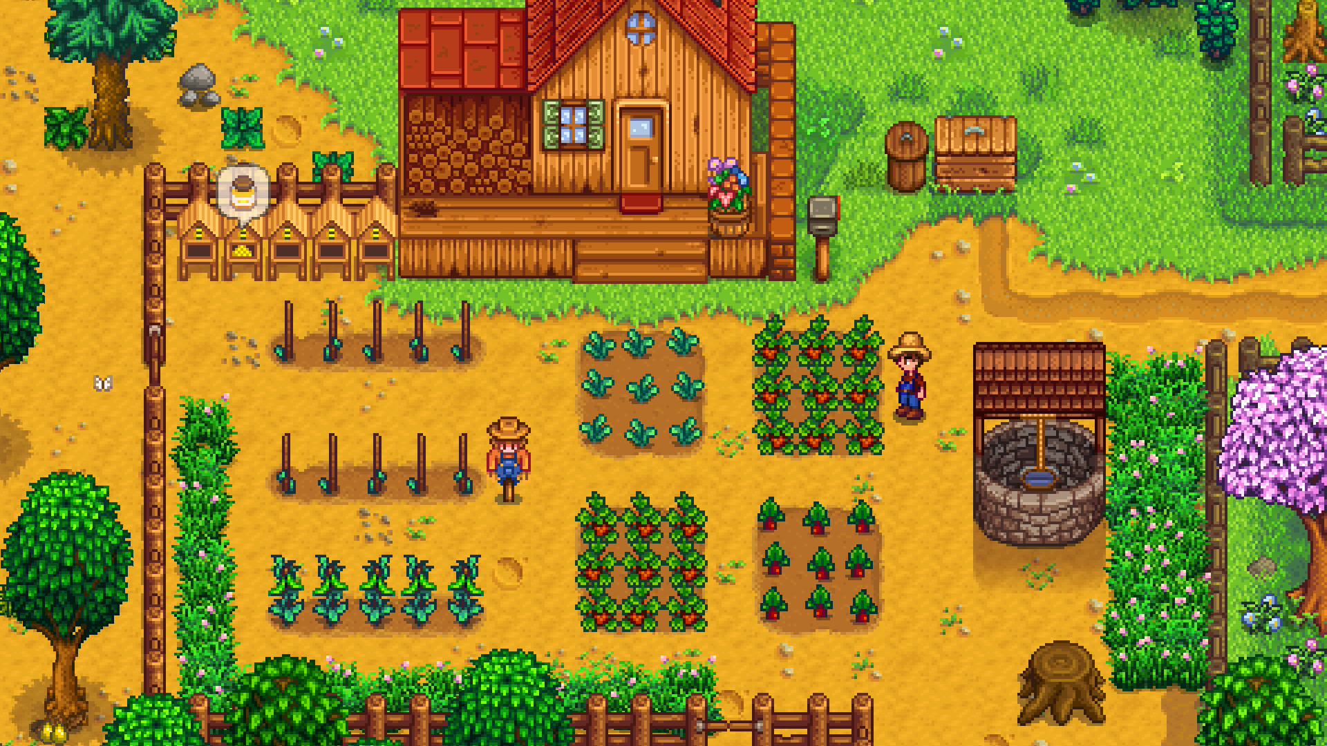 A screenshot from "Stardew Valley:" a player's farm