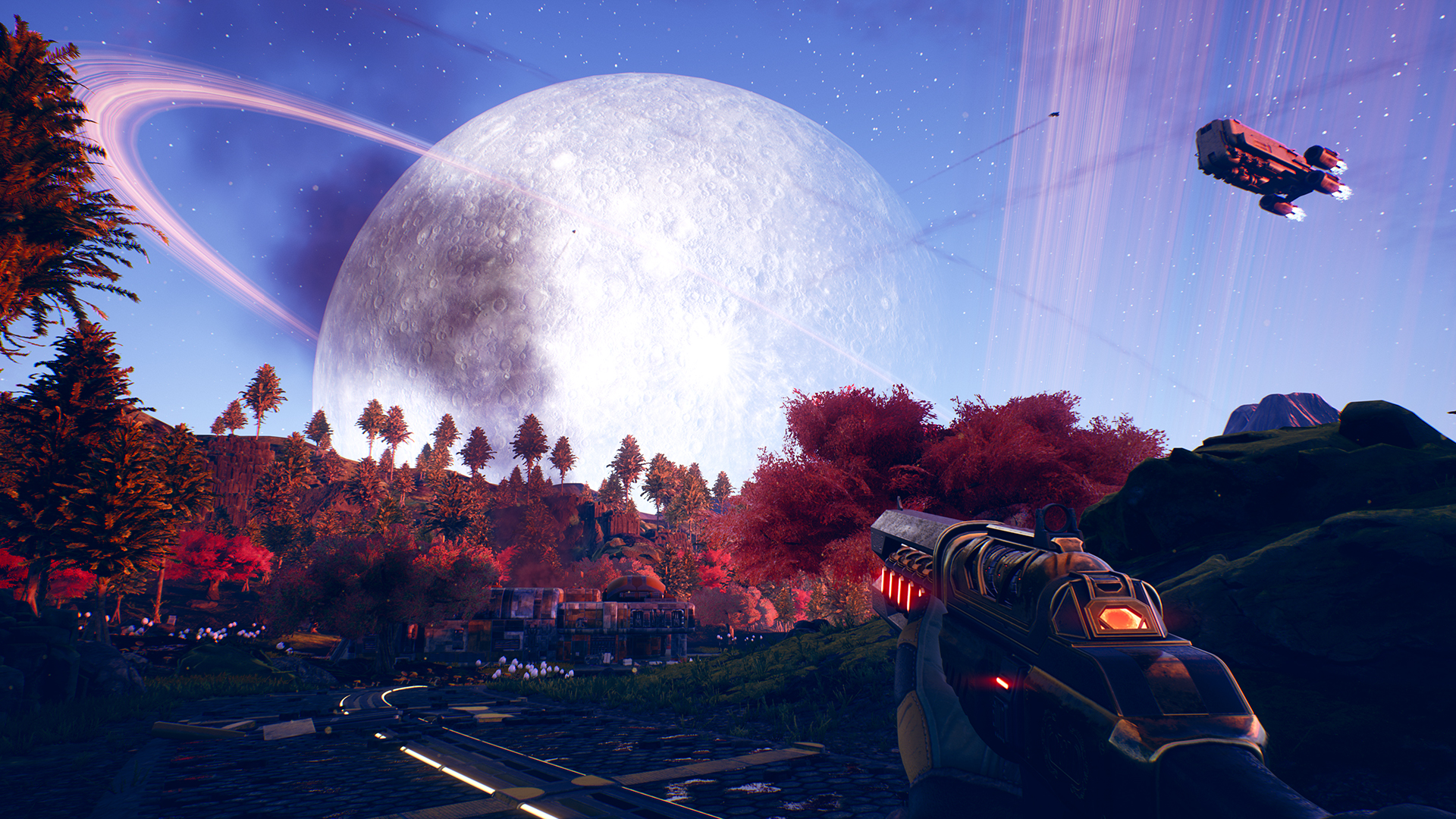 A screenshot from the video game "The Outer Worlds:" a full moon over a planet covered in trees