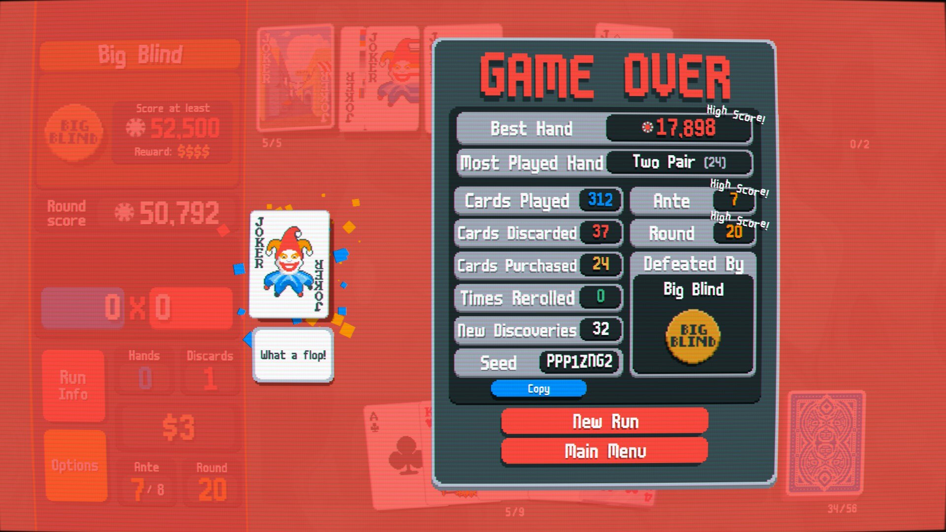 A game over screen from the game "Balatro."