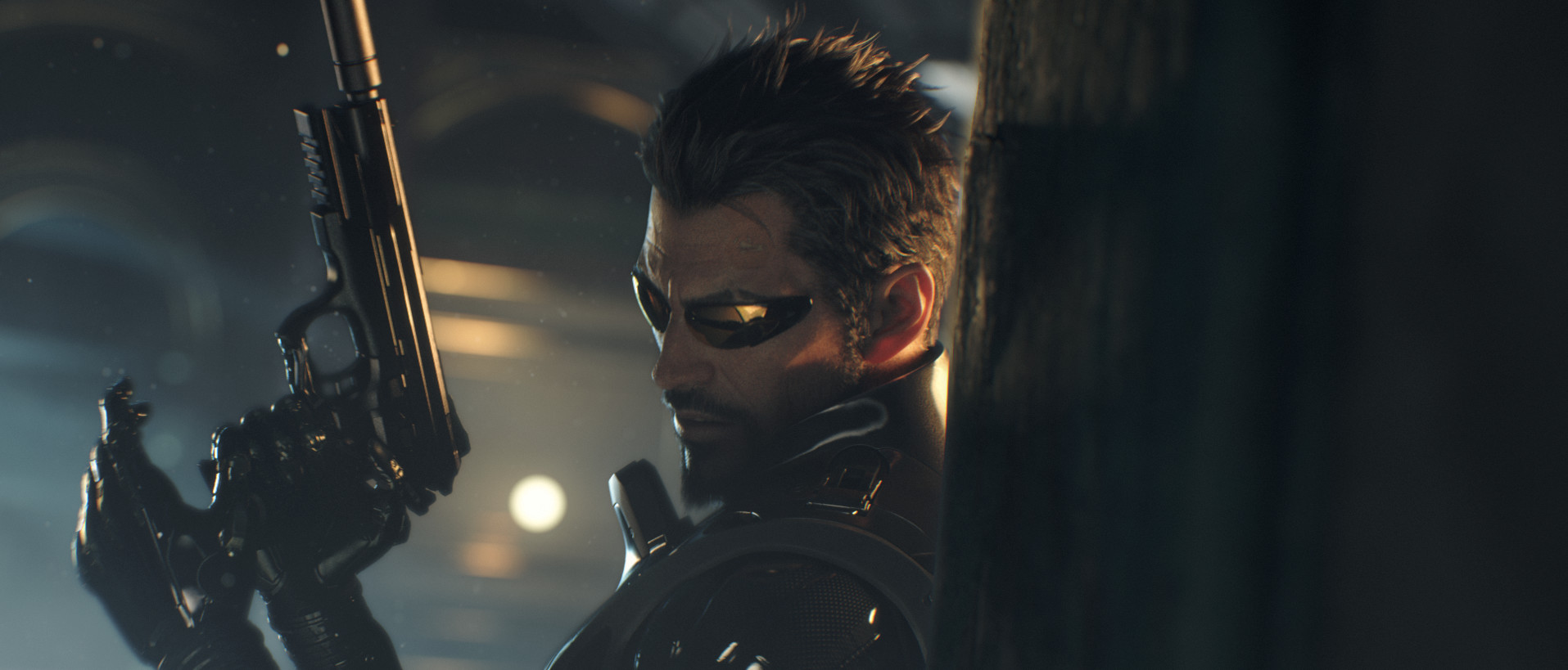 Adam Jensen in "Deus Ex: Mankind Divided," holding a silenced weapon and hiding behind a wall