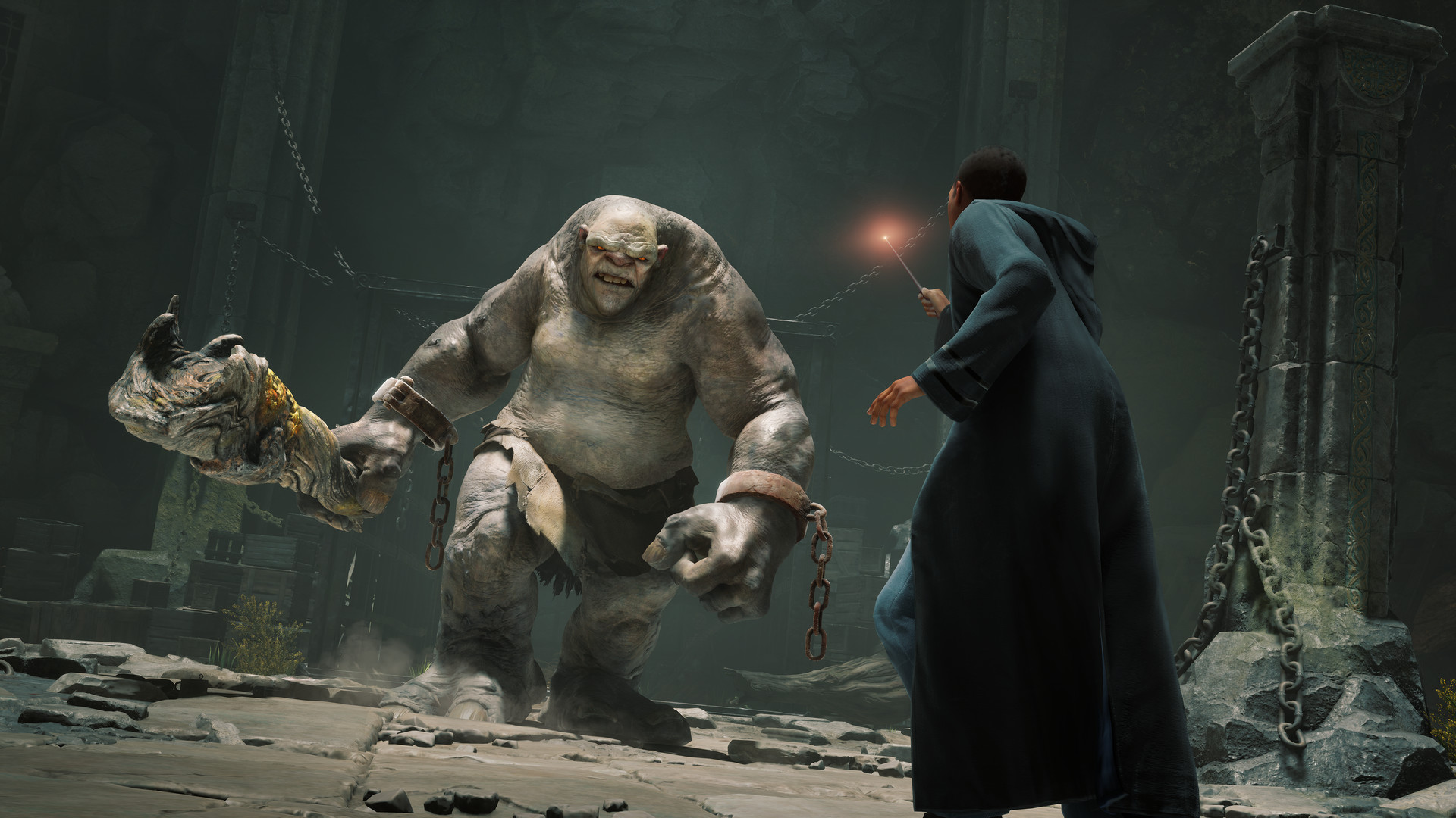 A wizard faces off against a monster in Hogwarts Legacy