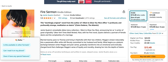 A screenshot from the Amazon page for a book called "Fire Sermon," with an AI box on one side.