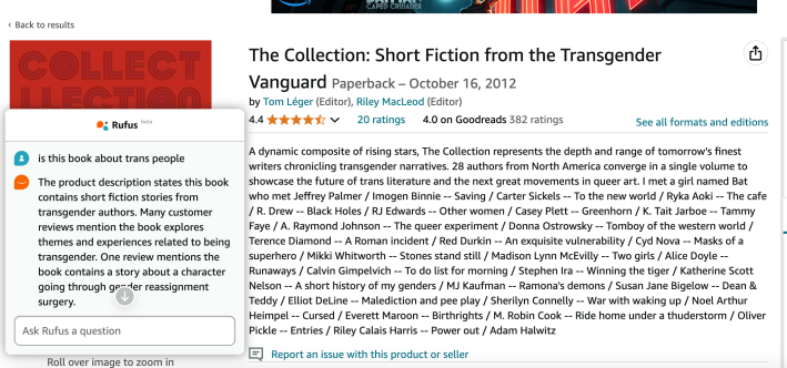 A screenshot from the Amazon page for a book called "The Collection," with an AI box on one side.