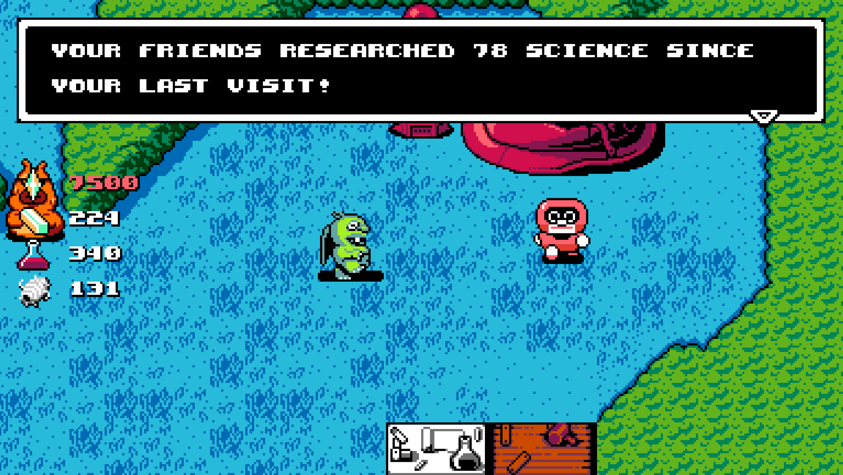 A screenshot from UFO 50 that says "your friends researched 78 science since your last visit".