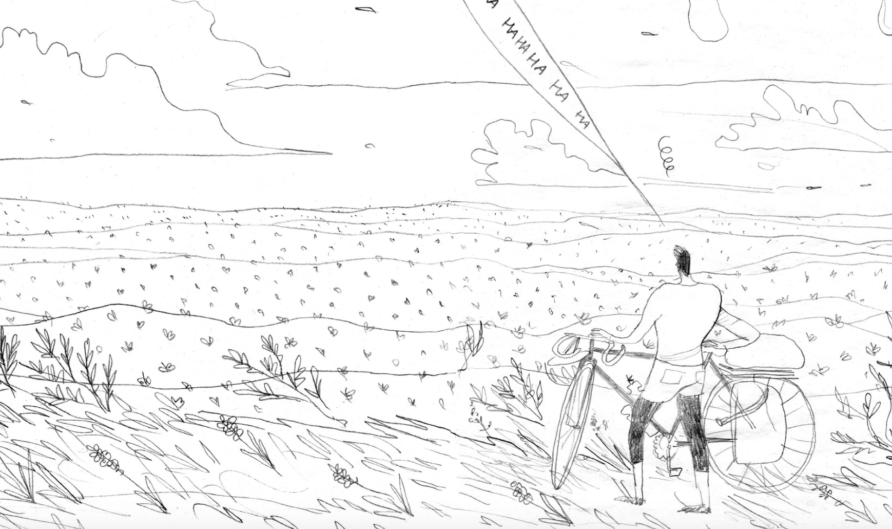 a woman with a bike stares at a landscape in a drawing from Eleanor Davis' "You and a Bike and a Road"