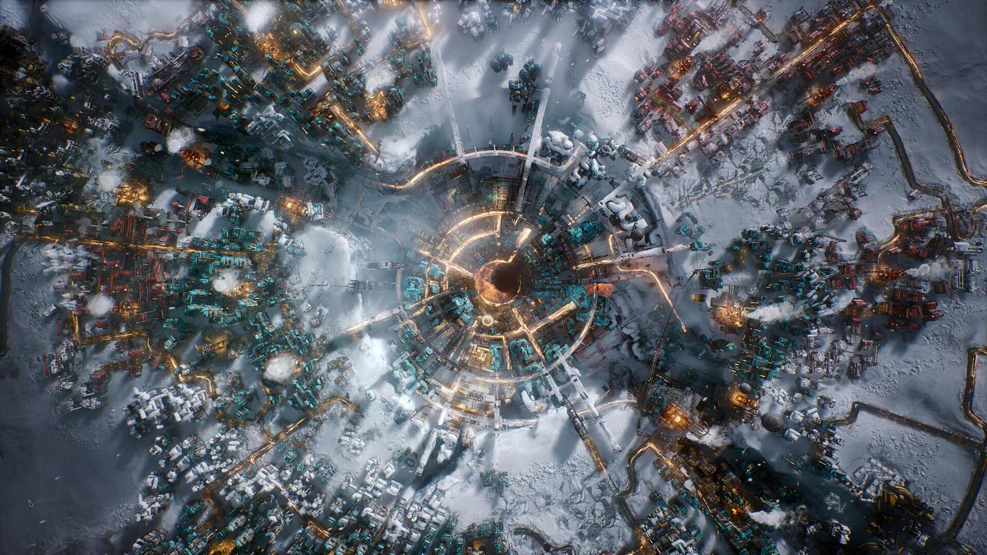 An overhead view of a city in Frostpunk 2