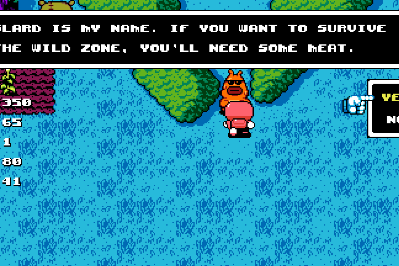 An NPC saying "Slard is my name. If you want to survive The Wild Zone, you'll need some meat." Menu says: -Yes -No