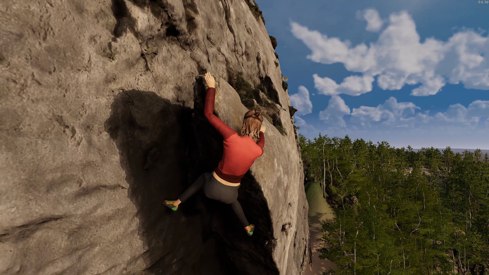 A screenshot from the video game "New Heights" of a woman climbing a rock face