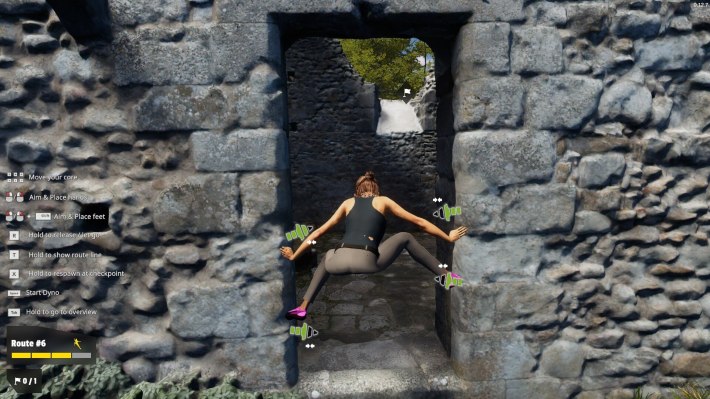 A screenshot from the video game "New Heights" of a woman climbing up a stone doorway