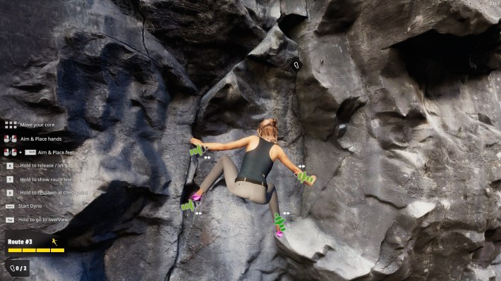 A screenshot from the video game "New Heights" of a woman climbing a rock face