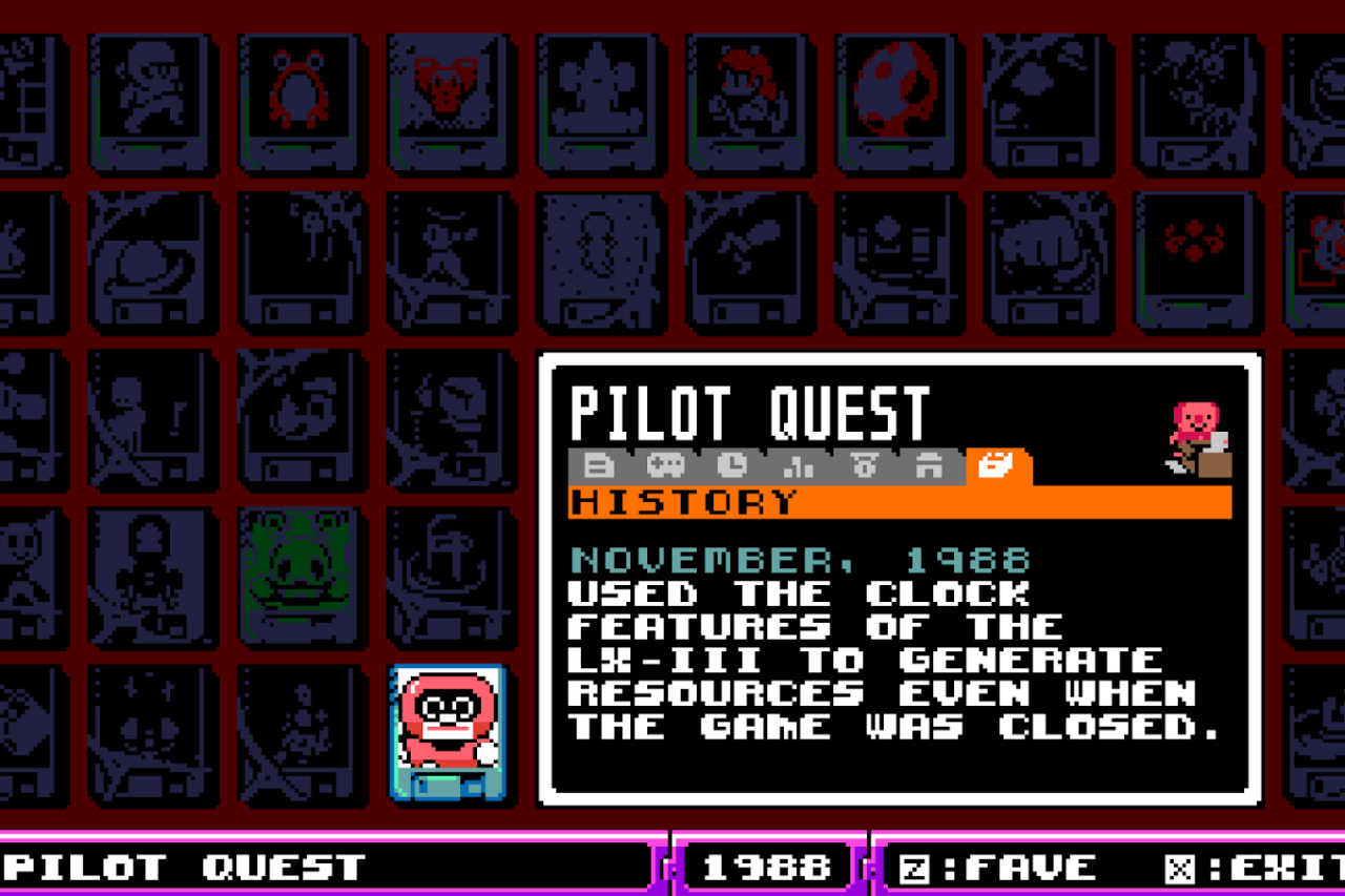 A history menu that says "Used the clock features of the LX-III to generate resources even when the game was closed."