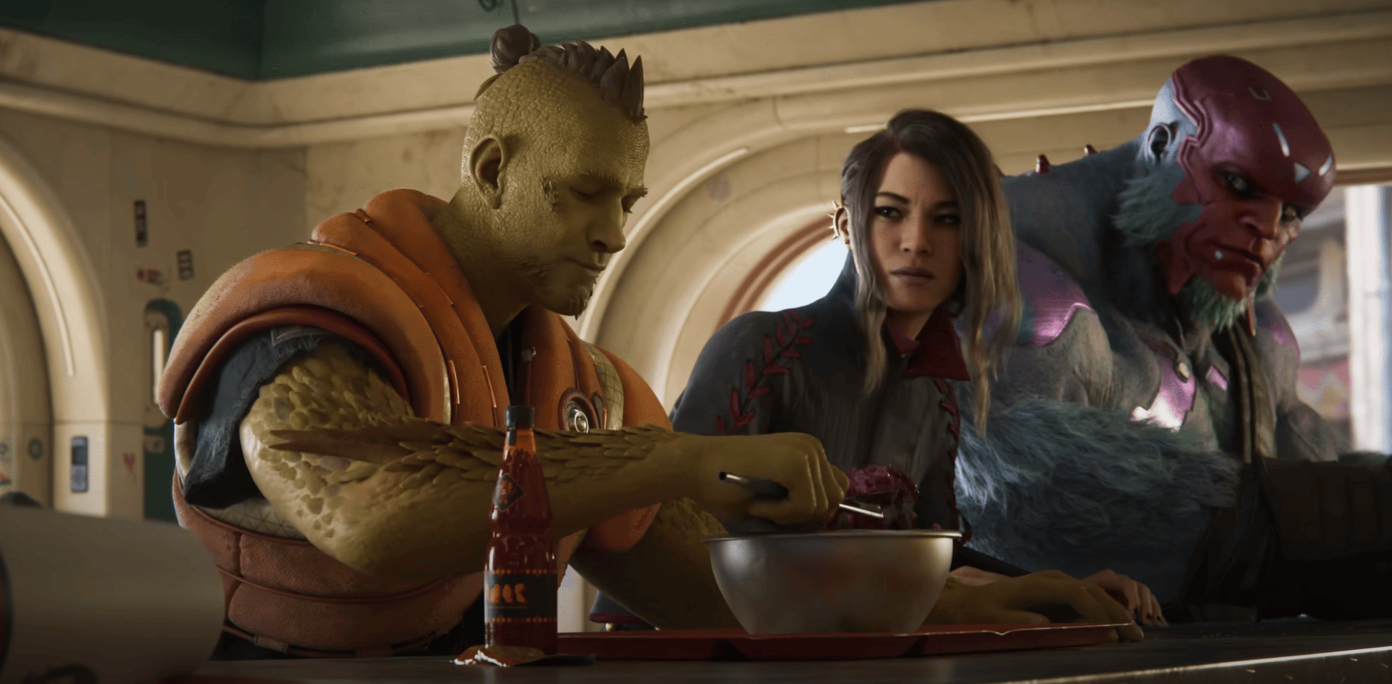 Three characters from "Concord" eating at a counter