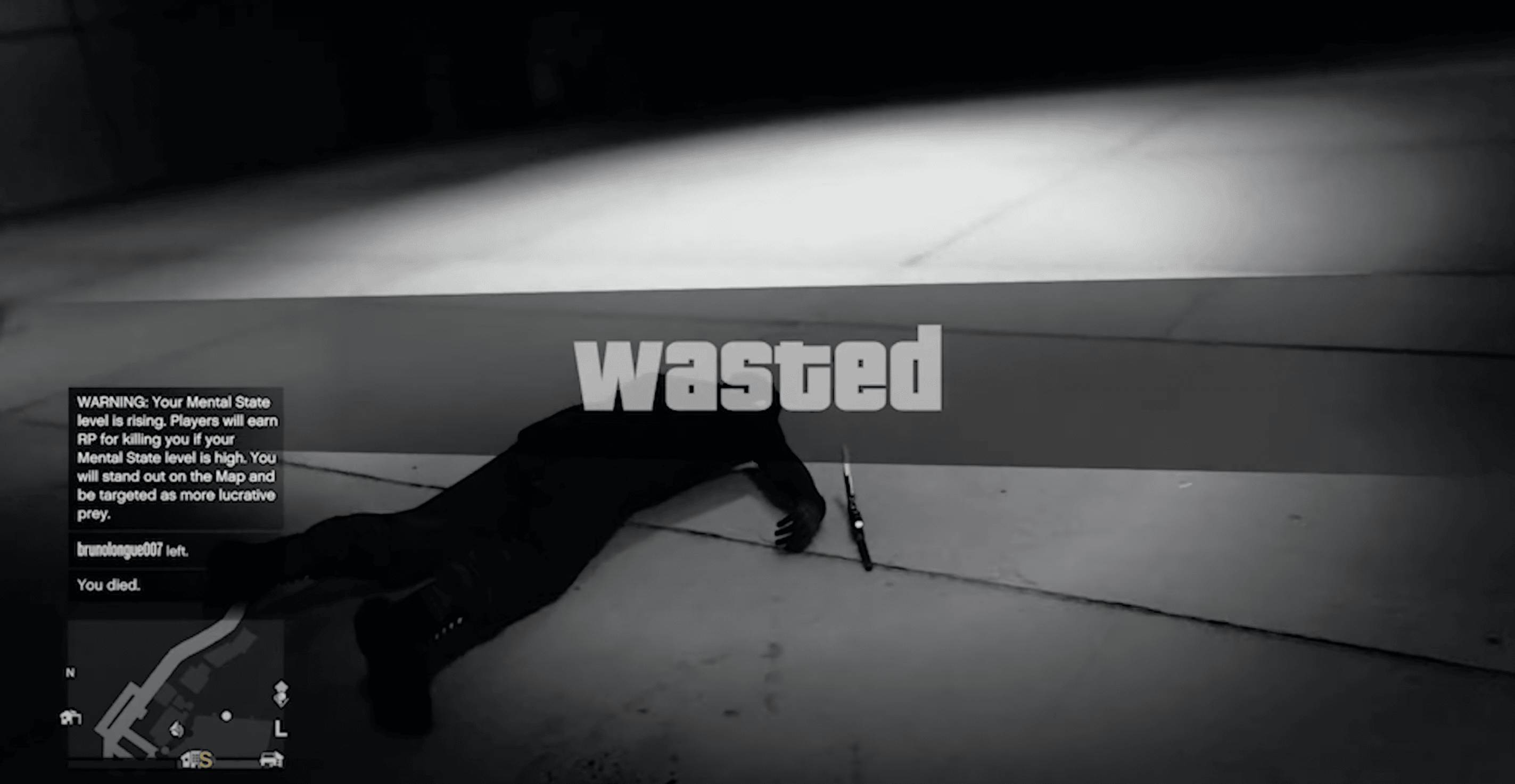 A player dead in Grand Theft Auto Online, with the word "wasted" across the screen