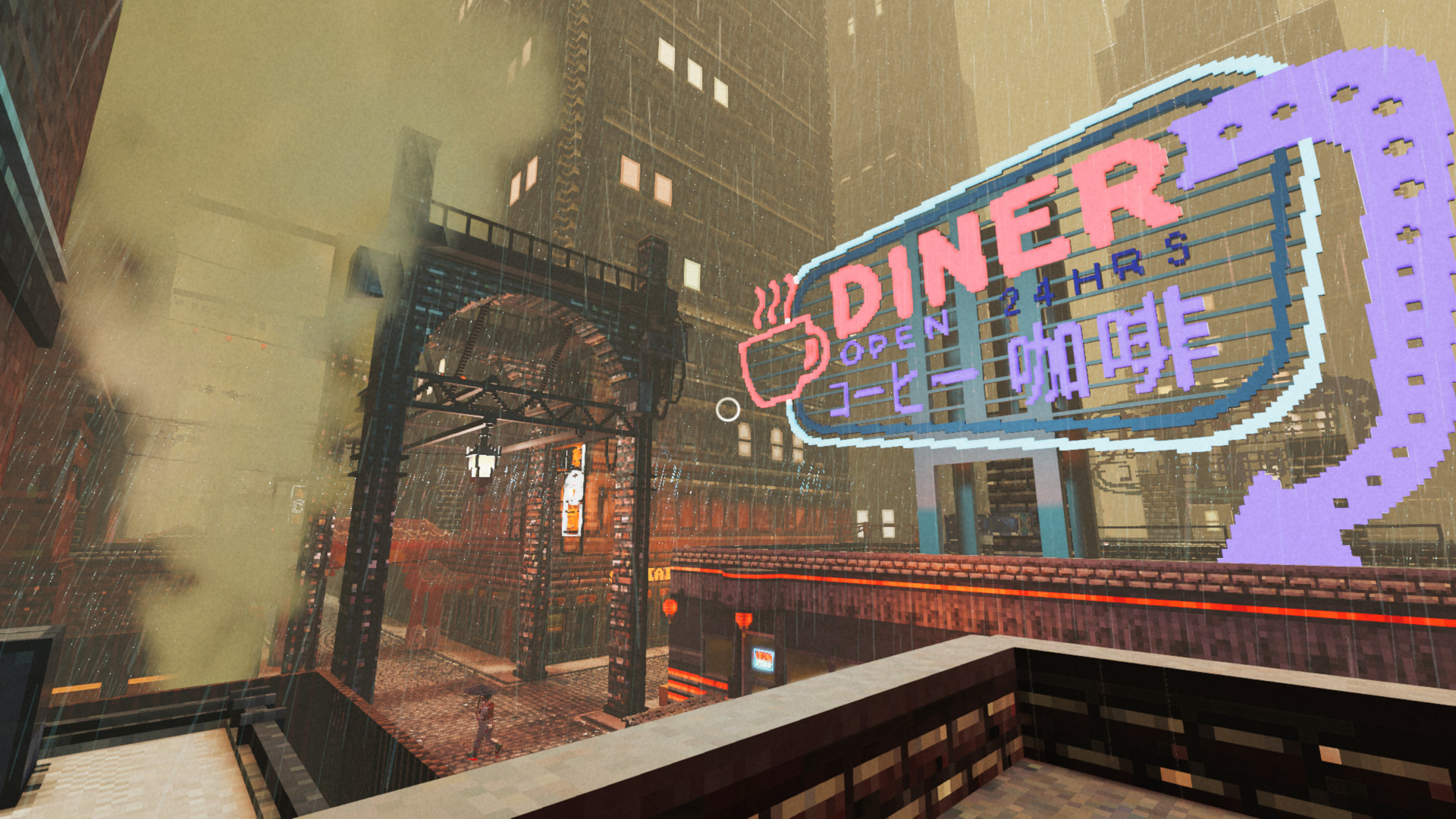 A screenshot from the game "Shadows of Doubt:" a diner sign over a rainy city