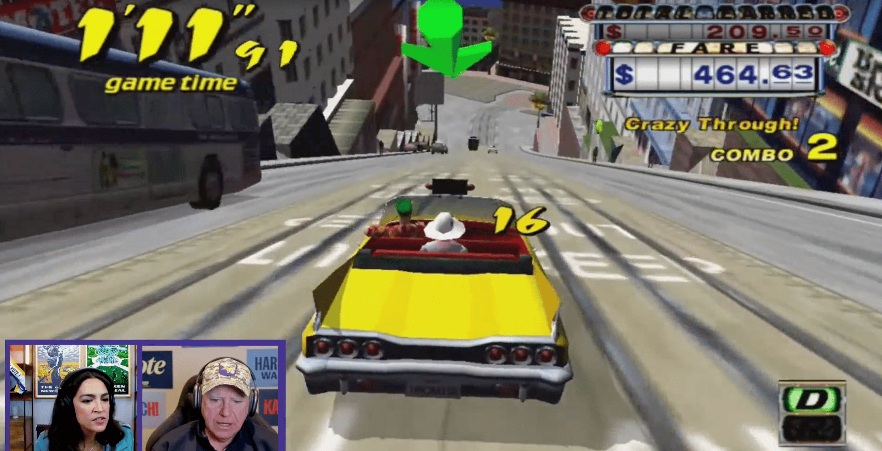 Tim Walz and AOC playing Crazy Taxi