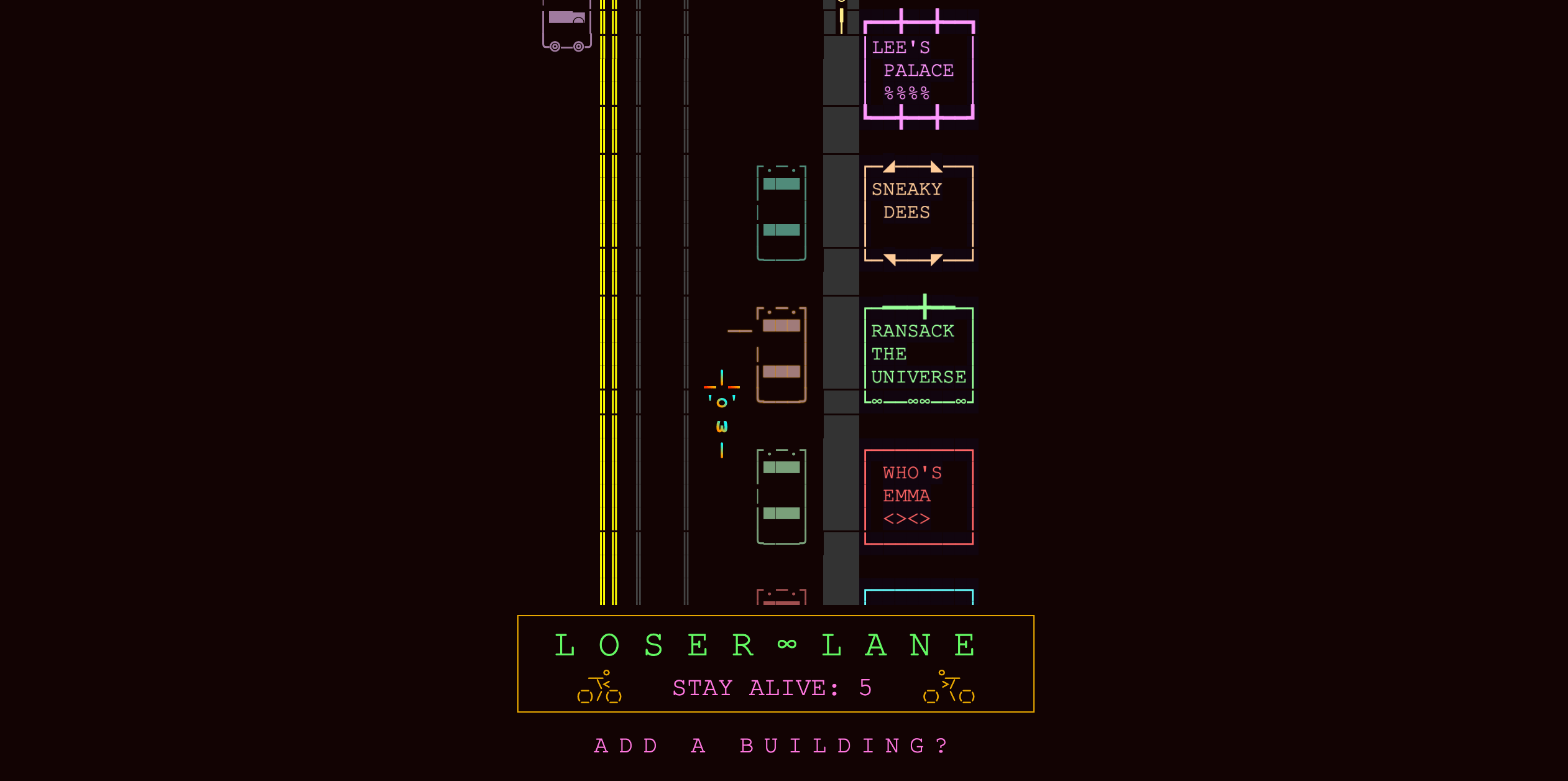 A bike navigating cars from the game "Loser Lane"