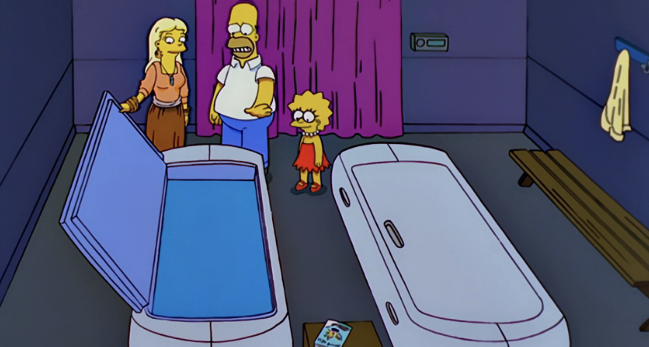 A screenshot from The Simpsons of Homer and Lisa looking at a sensory deprivation tank