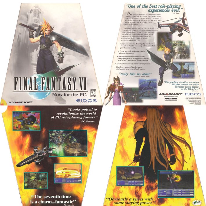 The inside and outside of the PC box for Final Fantasy VII, which was a trapezoid with interior art and accolades.