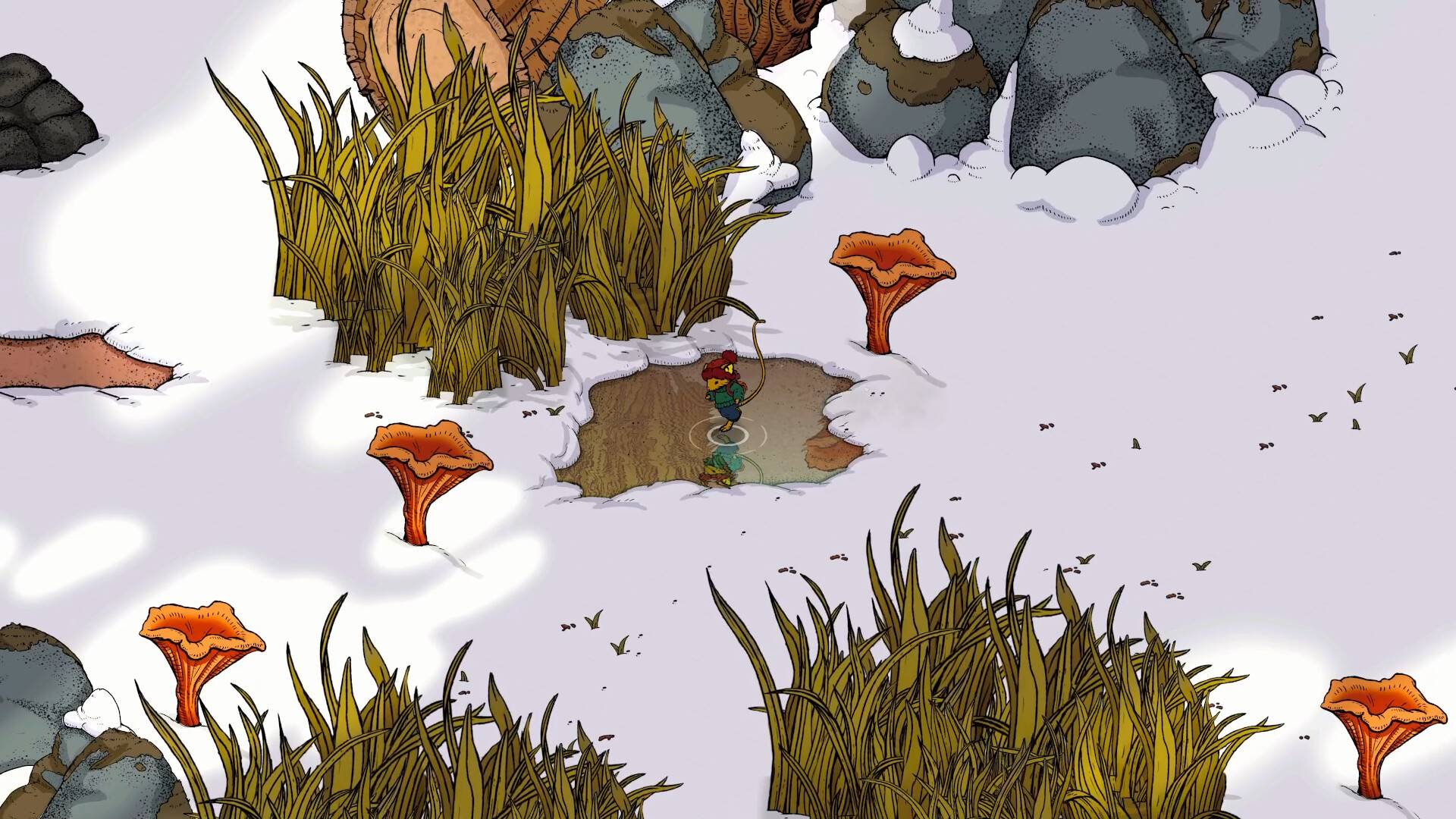 A screenshot from Winter Burrow of a mouse in the wilderness