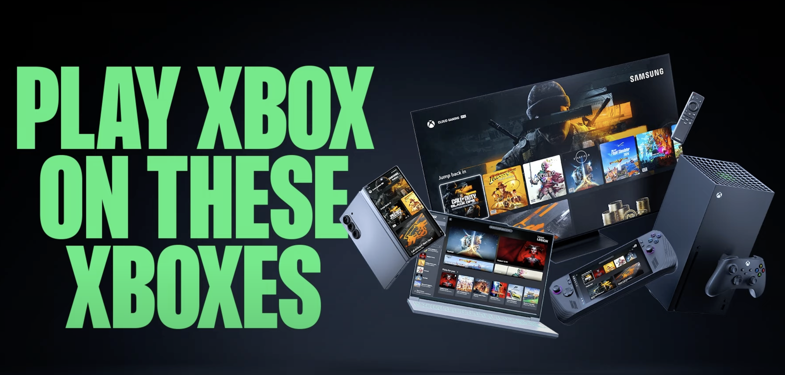 The words "Play Xbox on these Xboxes" next to an image of an Xbox, a TV, a handheld, a laptop, and a phone