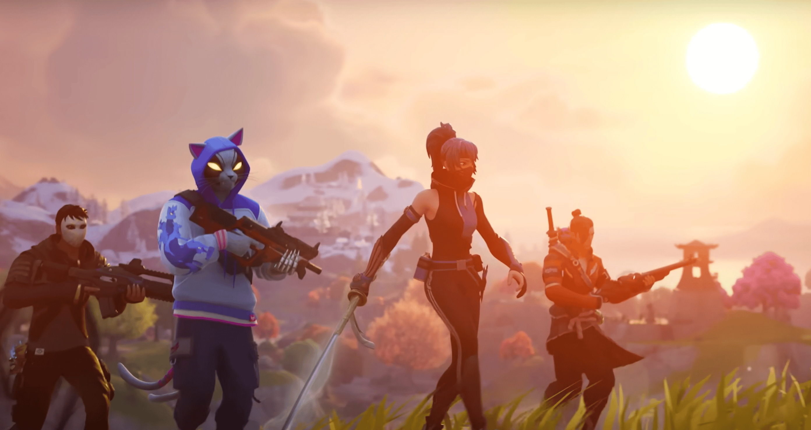 Fortnite characters walk across a field