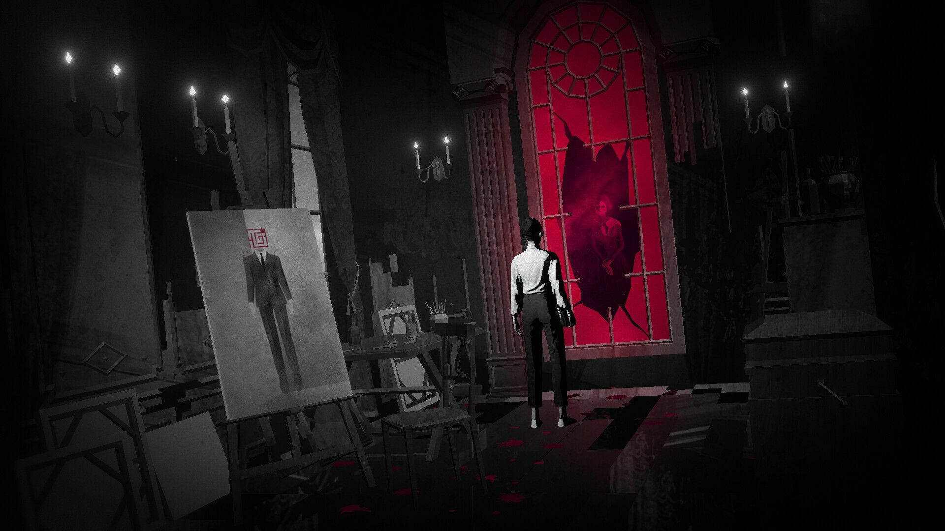 The player character stares into a red, broken window in "Lorelei and the Laser Eyes"