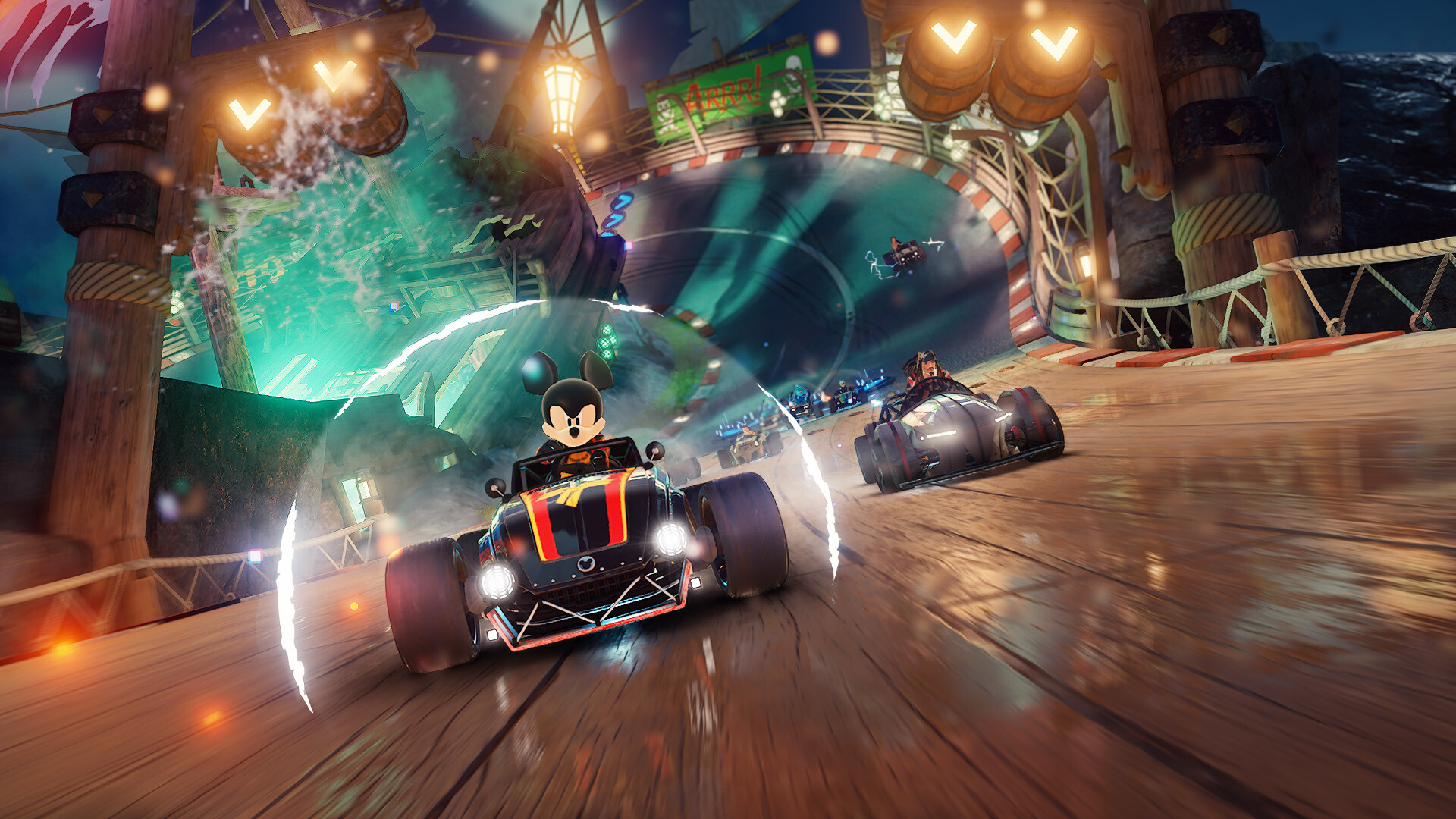 Mickey Mouse leading the pack riding in a kart in a screenshot from Disney Speedstorm.