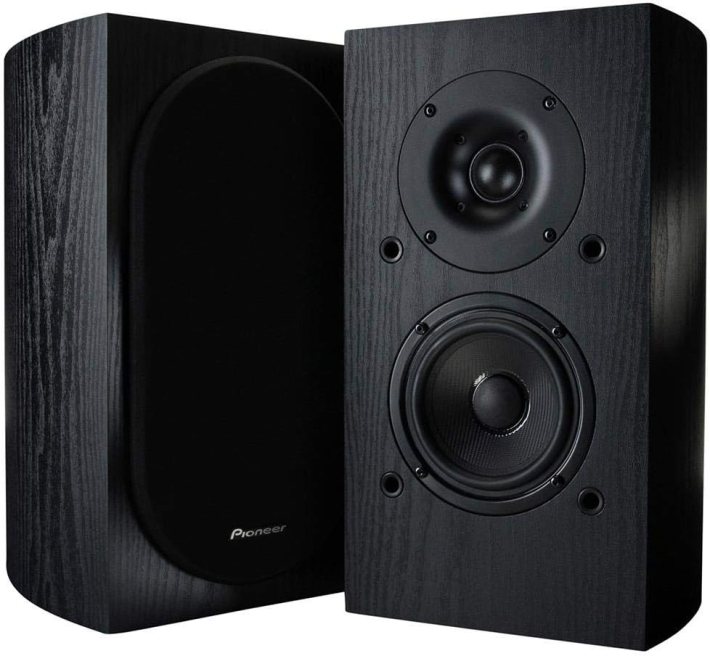 A pair of Pioneer SP-BS22-LR speakers, black bookshelf speakers, one without a grill and one with.